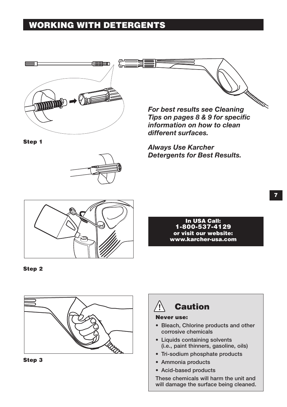 Working with detergents, Caution | Karcher K 240 User Manual | Page 7 / 24