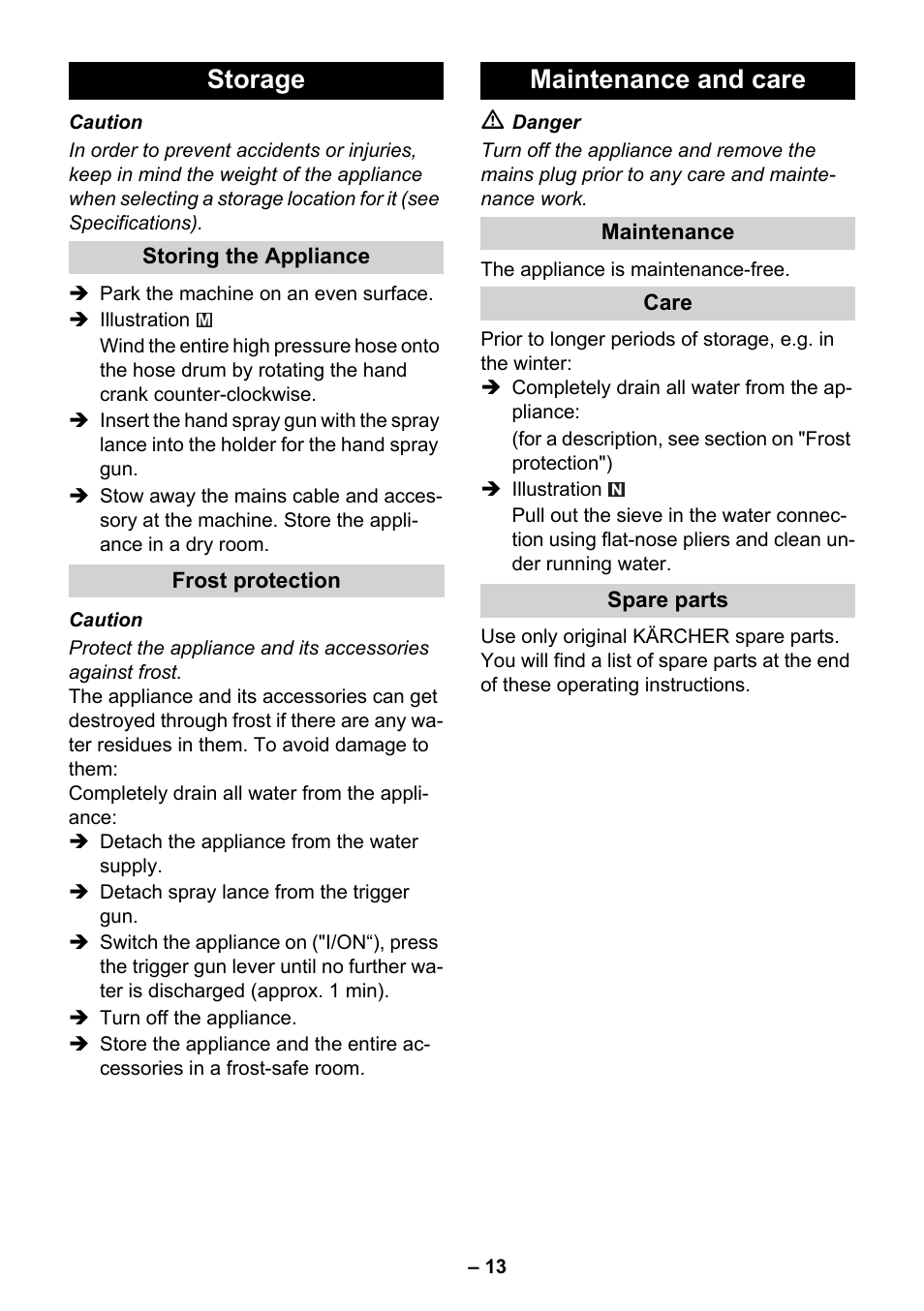 Storage, Storing, Frost | Maintenance, Care, Spare, Maintenance and care | Karcher K 4.650 User Manual | Page 13 / 18