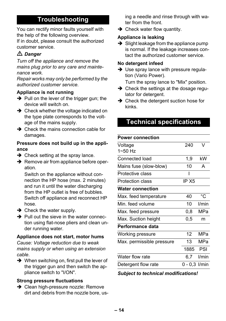 Troubleshooting, Technical specifications | Karcher K 4.650 User Manual | Page 14 / 18