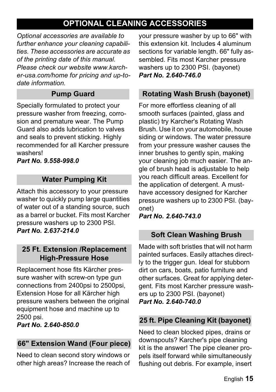 Optional cleaning accessories | Karcher K 3.68 M User Manual | Page 15 / 56