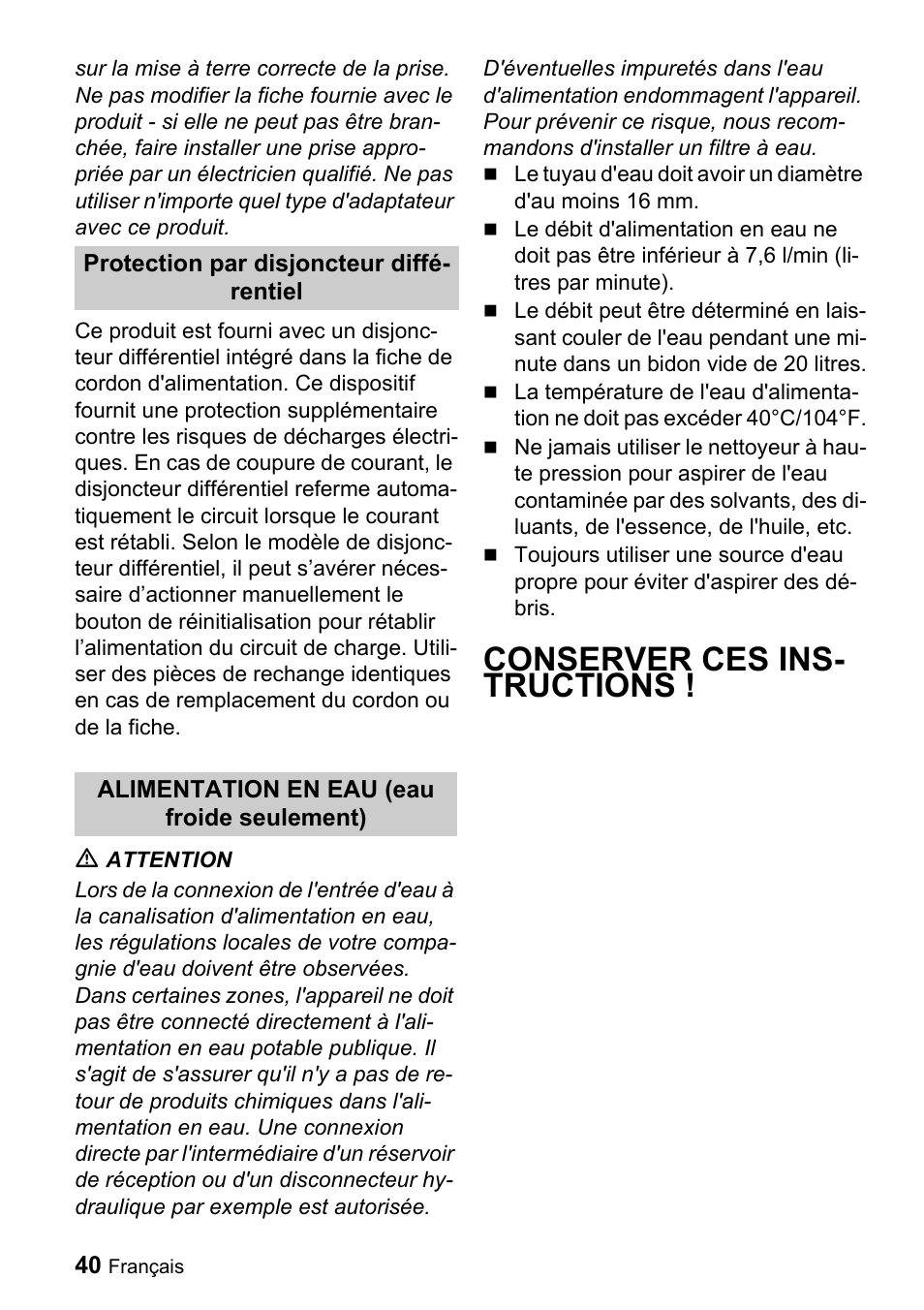 Conserver ces ins- tructions | Karcher K 3.68 M User Manual | Page 40 / 56