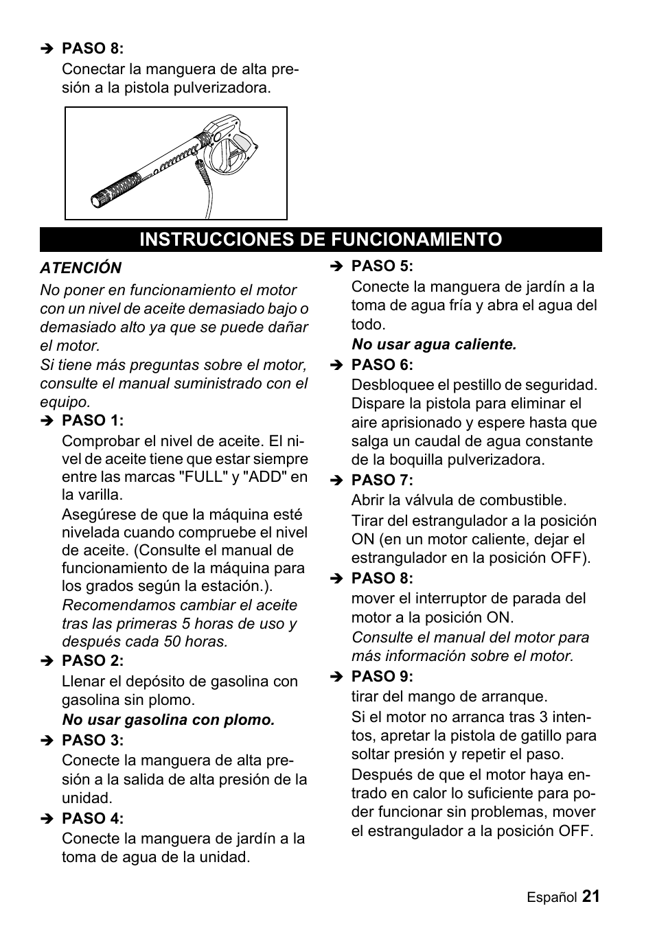 Instrucciones de funcionamiento | Karcher G 2500 LH User Manual | Page 21 / 46