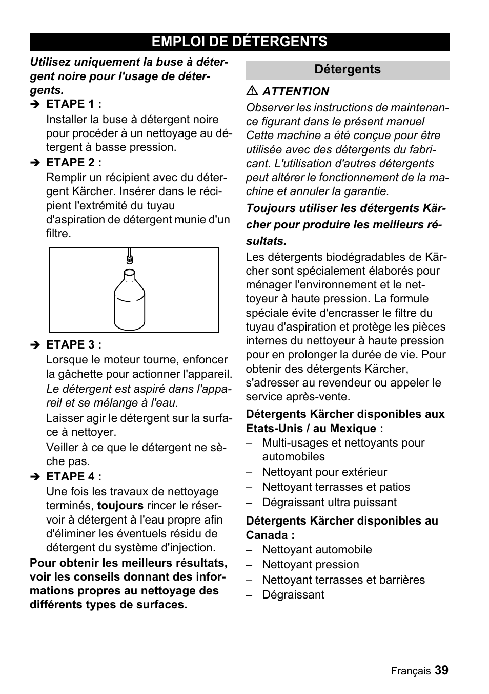 Emploi de détergents | Karcher G 2500 LH User Manual | Page 39 / 46