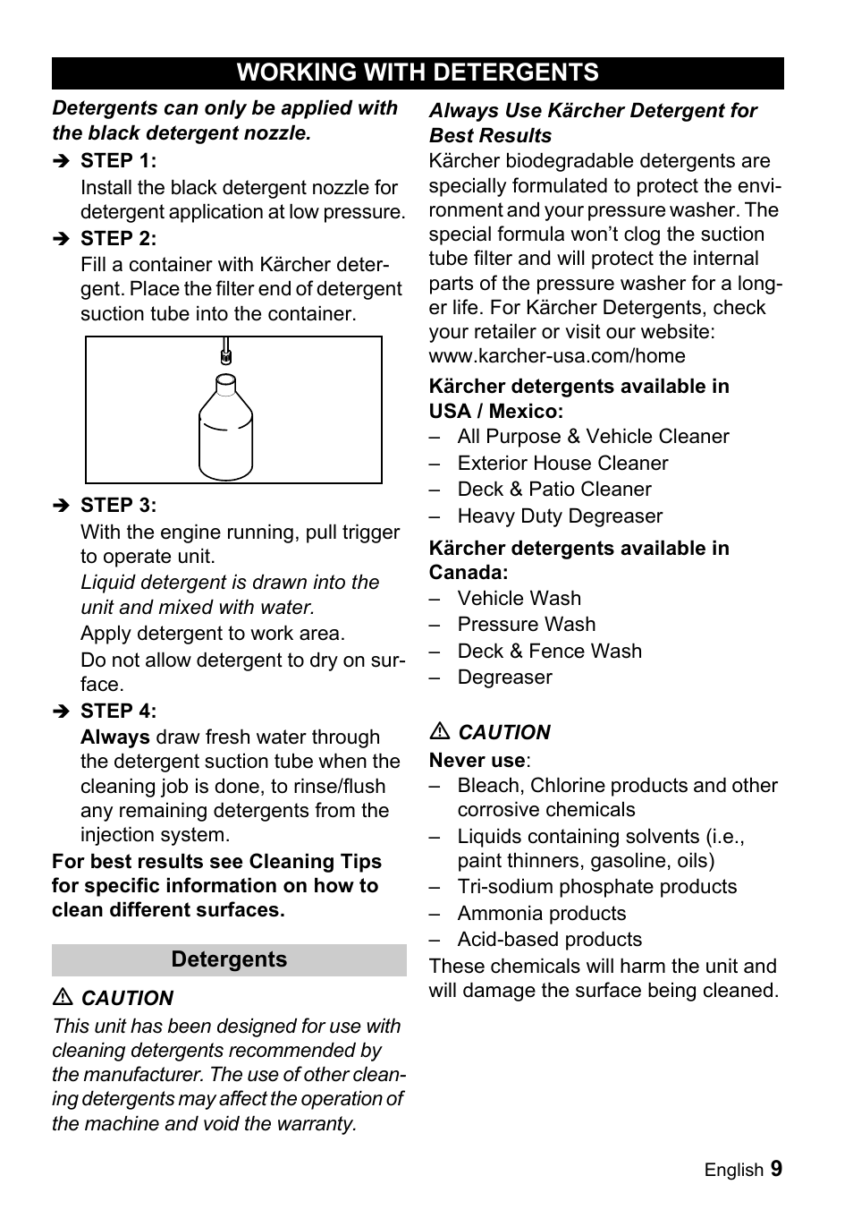 Working with detergents | Karcher G 2500 LH User Manual | Page 9 / 46