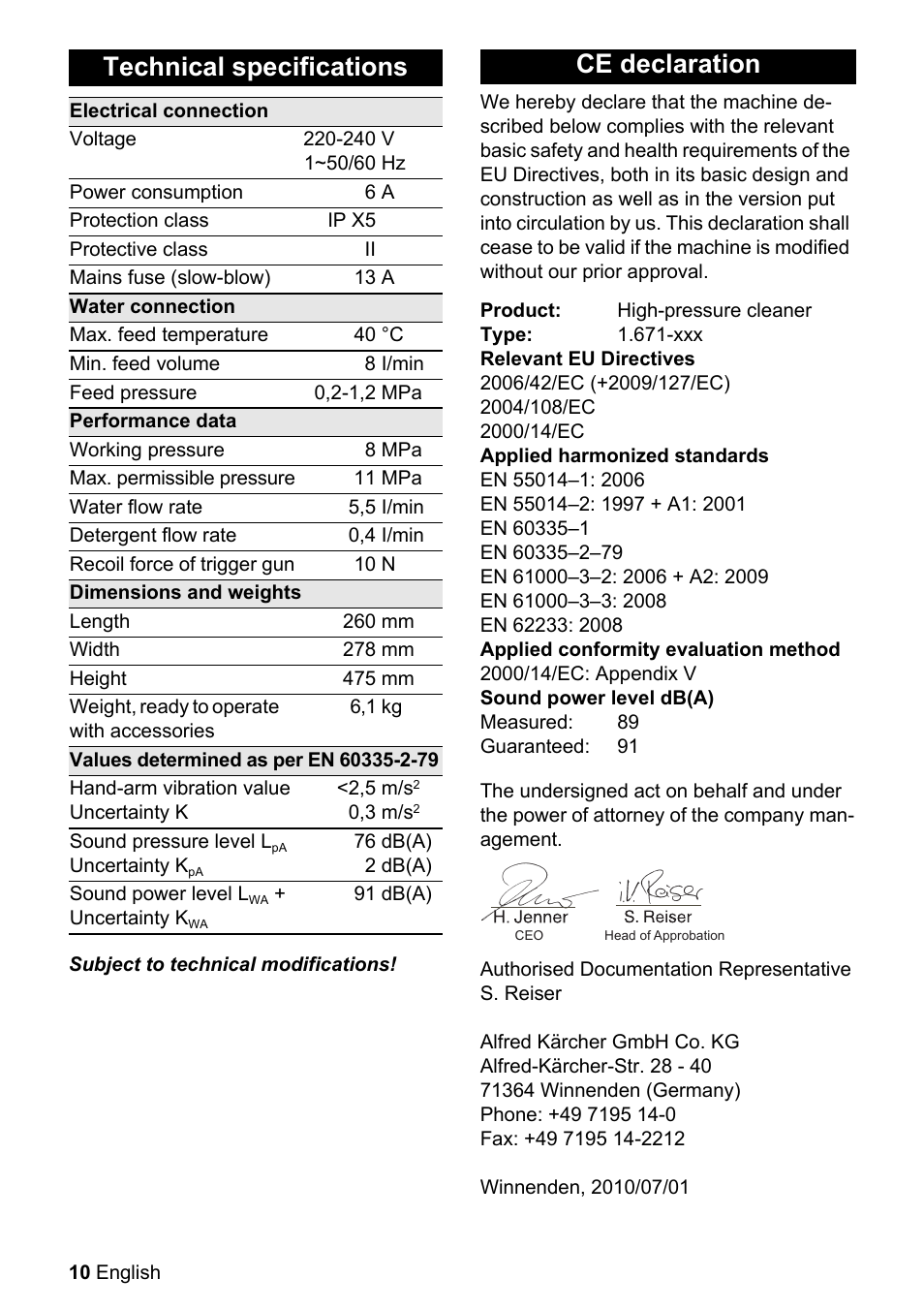 Technical specifications, Ce declaration | Karcher K 2.32 M User Manual | Page 10 / 12