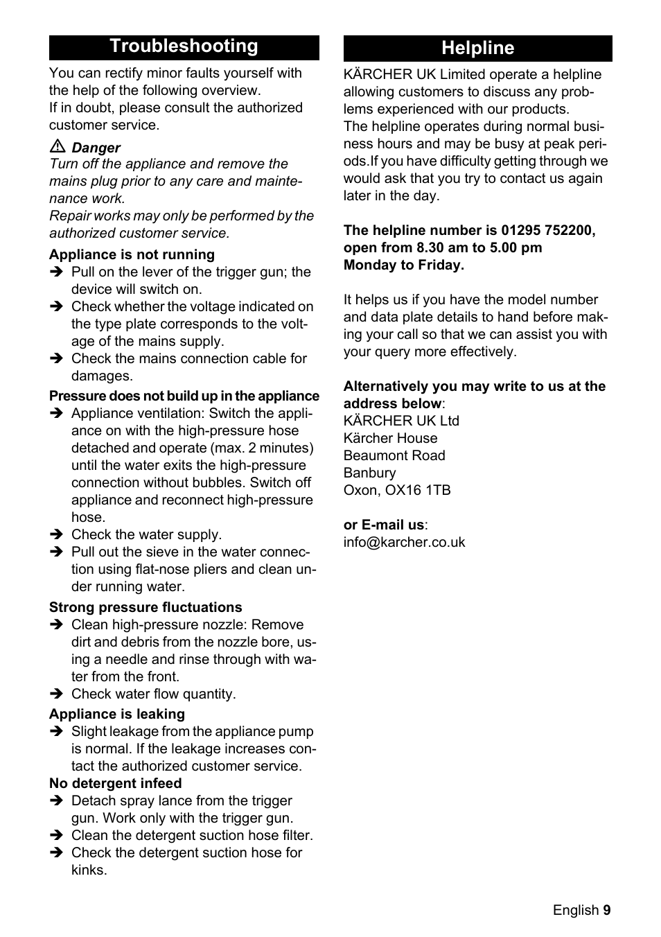 Troubleshooting, Helpline | Karcher K 2.32 M User Manual | Page 9 / 12