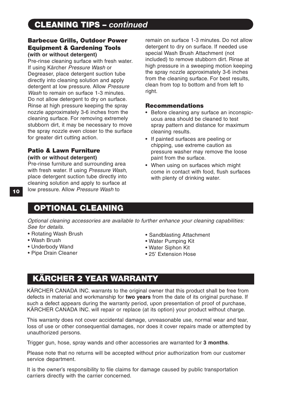 Cleaning tips – continued, Optional cleaning, Kärcher 2 year warranty | Karcher K 2.97 M User Manual | Page 10 / 12