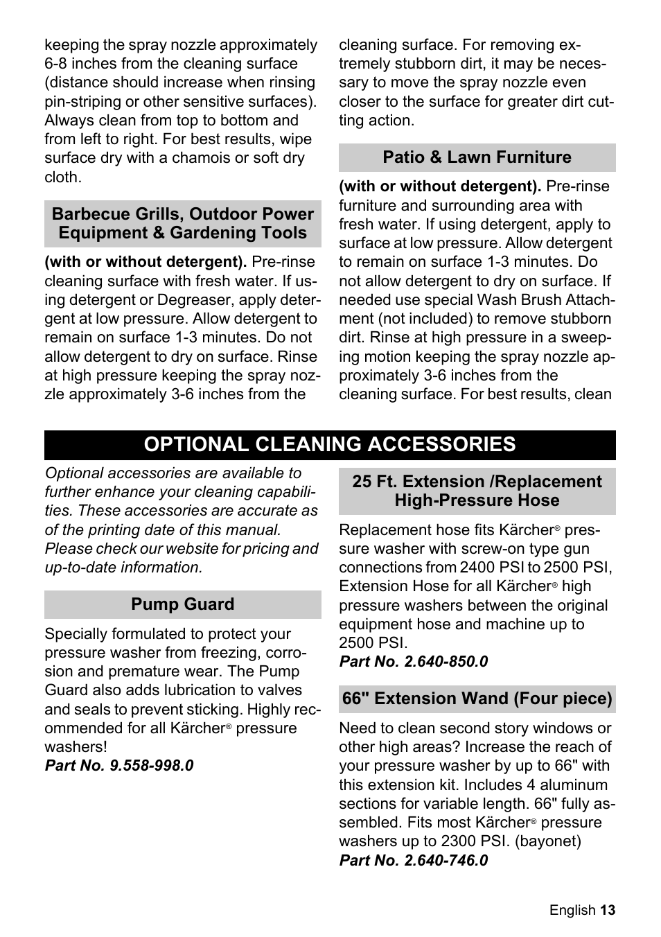 Optional cleaning accessories | Karcher K 2.050 User Manual | Page 13 / 48