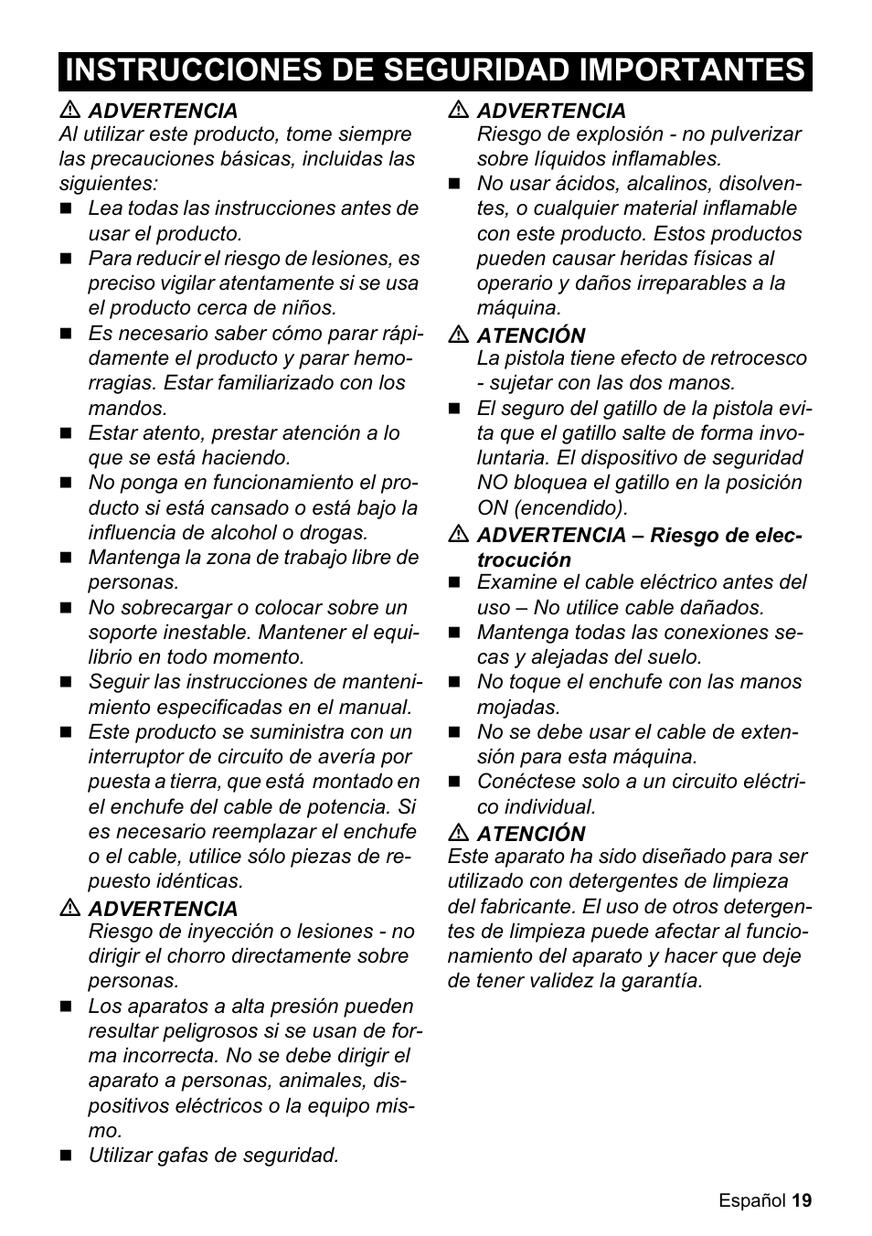 Instrucciones de seguridad importantes | Karcher K 2.050 User Manual | Page 19 / 48