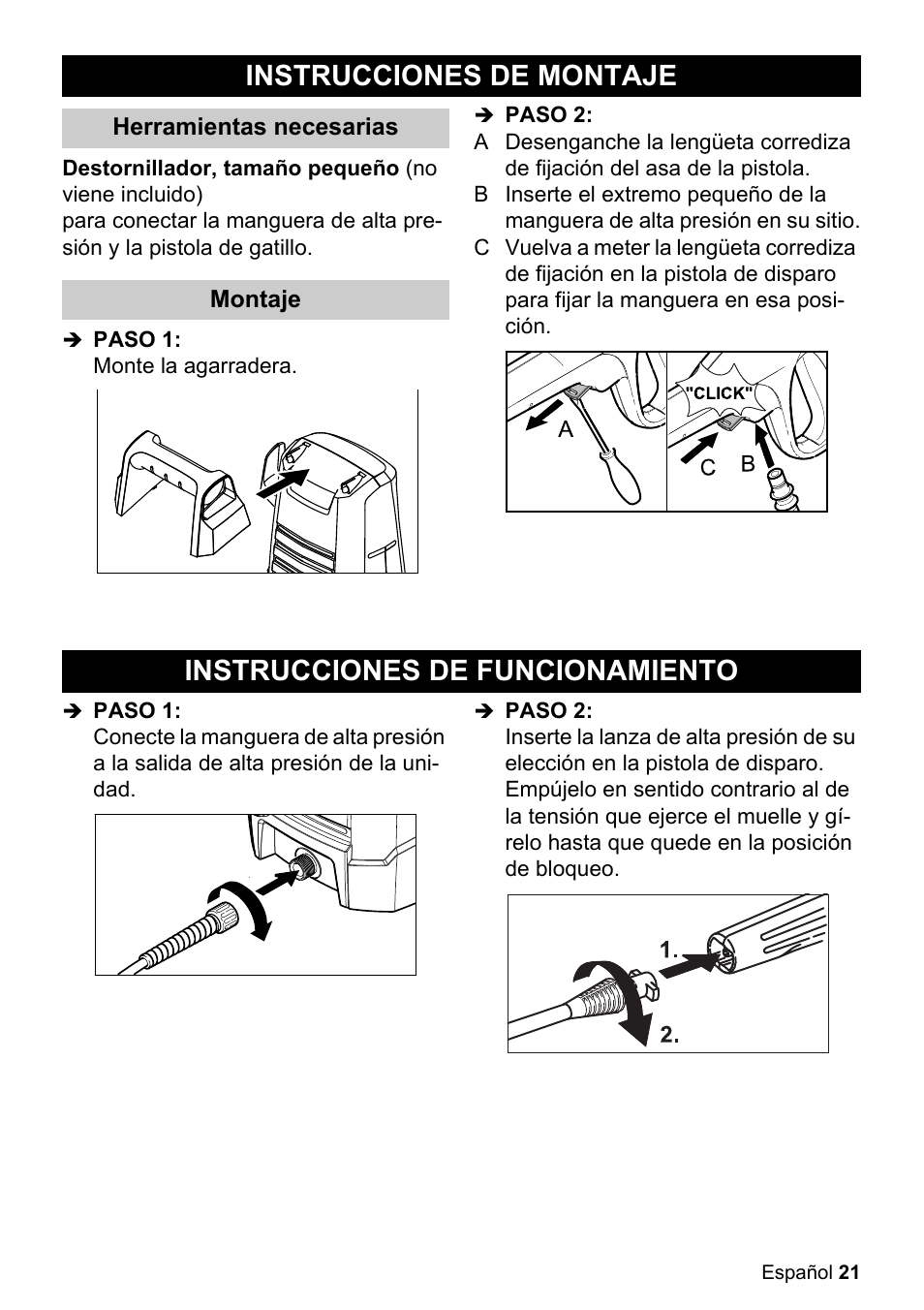 Instrucciones de montaje, Instrucciones de funcionamiento | Karcher K 2.050 User Manual | Page 21 / 48