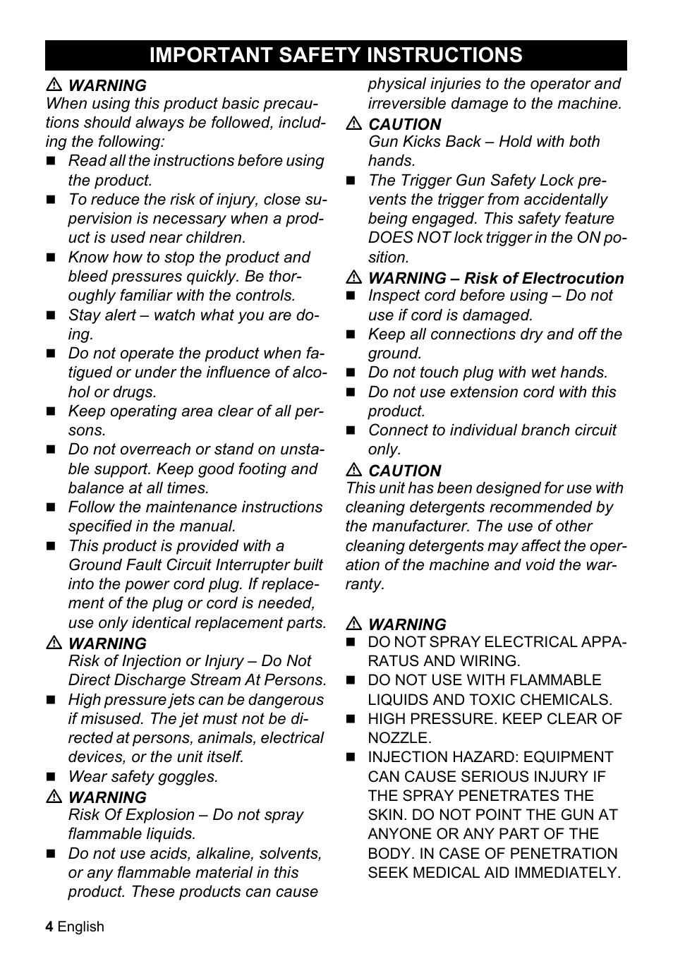 Important safety instructions | Karcher K 2.050 User Manual | Page 4 / 48