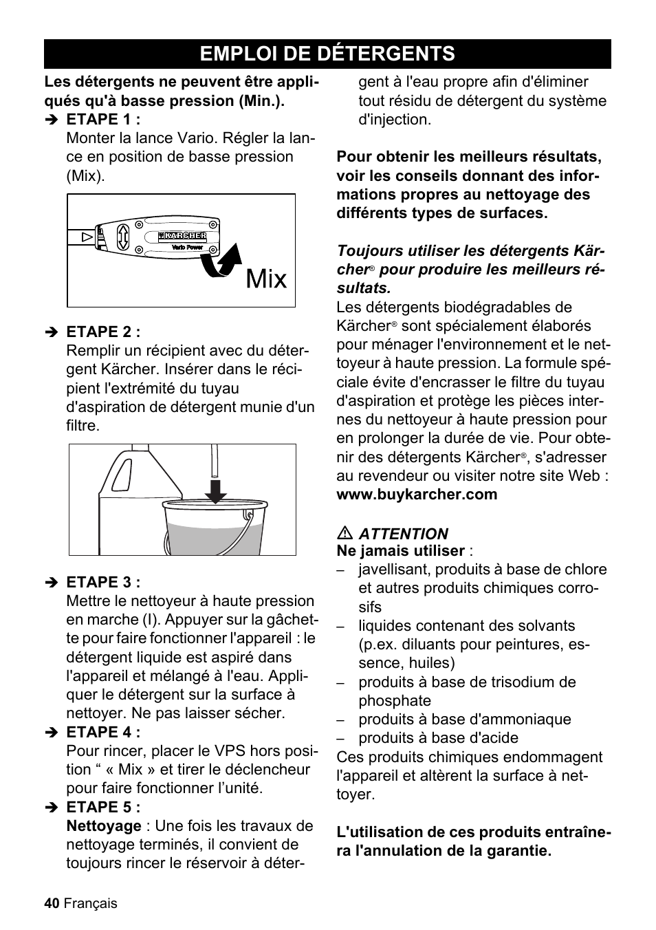 Emploi de détergents | Karcher K 2.050 User Manual | Page 40 / 48