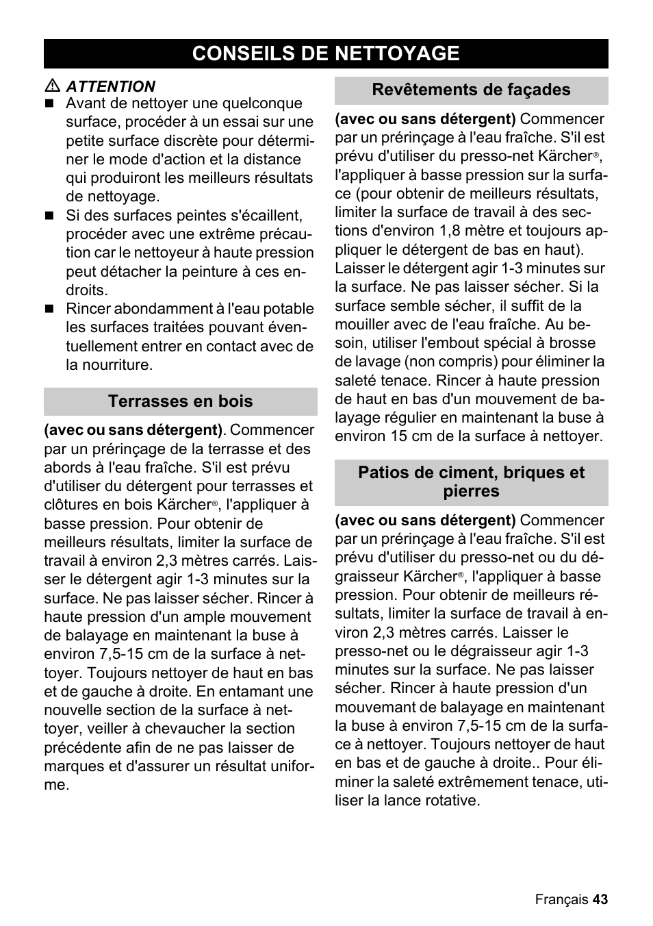 Conseils de nettoyage | Karcher K 2.050 User Manual | Page 43 / 48