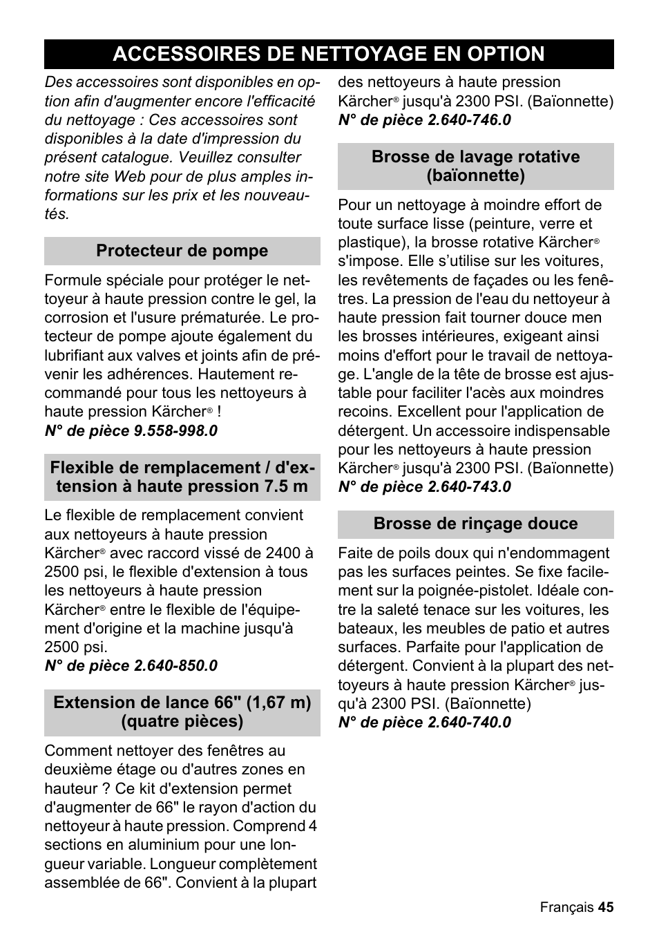 Accessoires de nettoyage en option | Karcher K 2.050 User Manual | Page 45 / 48