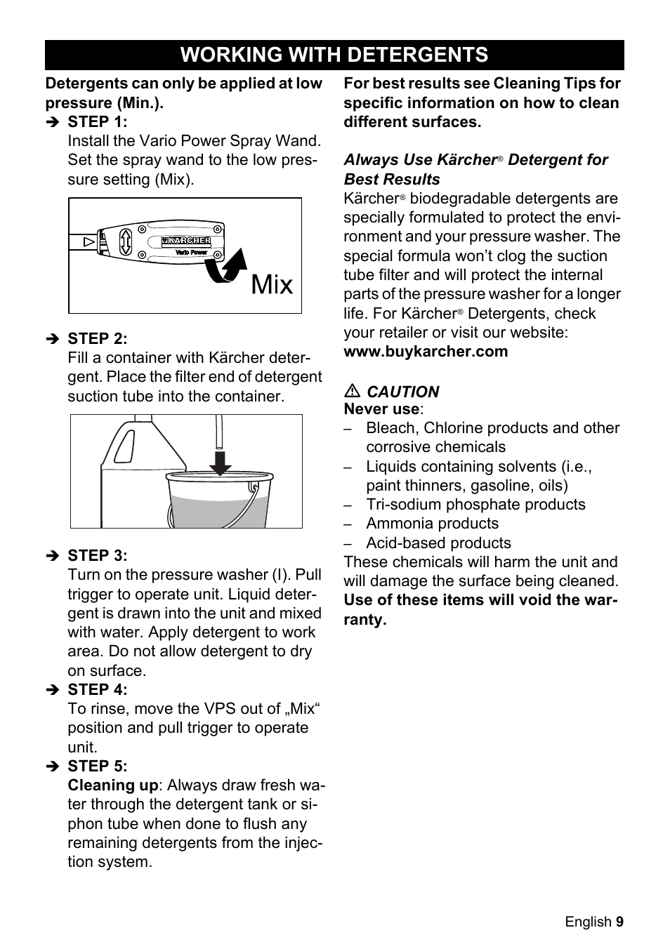 Working with detergents | Karcher K 2.050 User Manual | Page 9 / 48