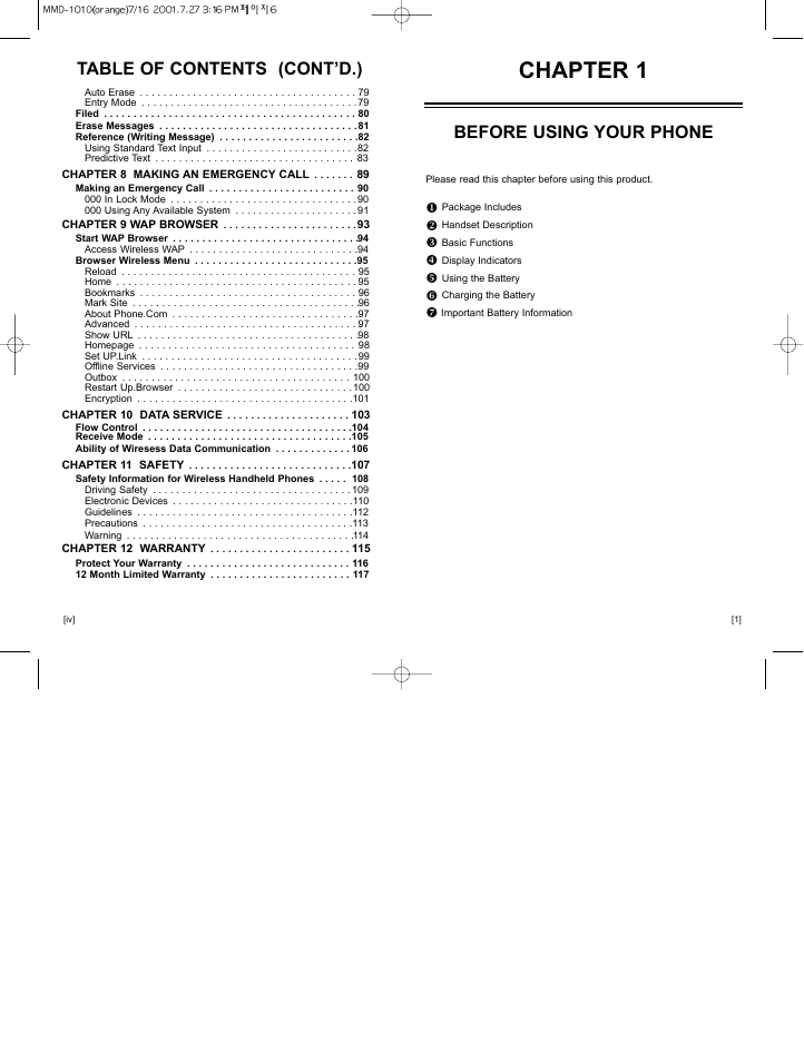 Chapter 1, Before using your phone, Table of contents (cont’d.) | Hyundai HGC-310 User Manual | Page 4 / 63