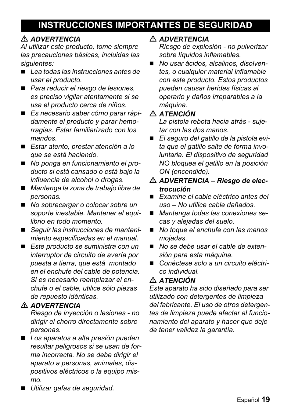 Instrucciones importantes de seguridad | Karcher K 2.28 User Manual | Page 19 / 48