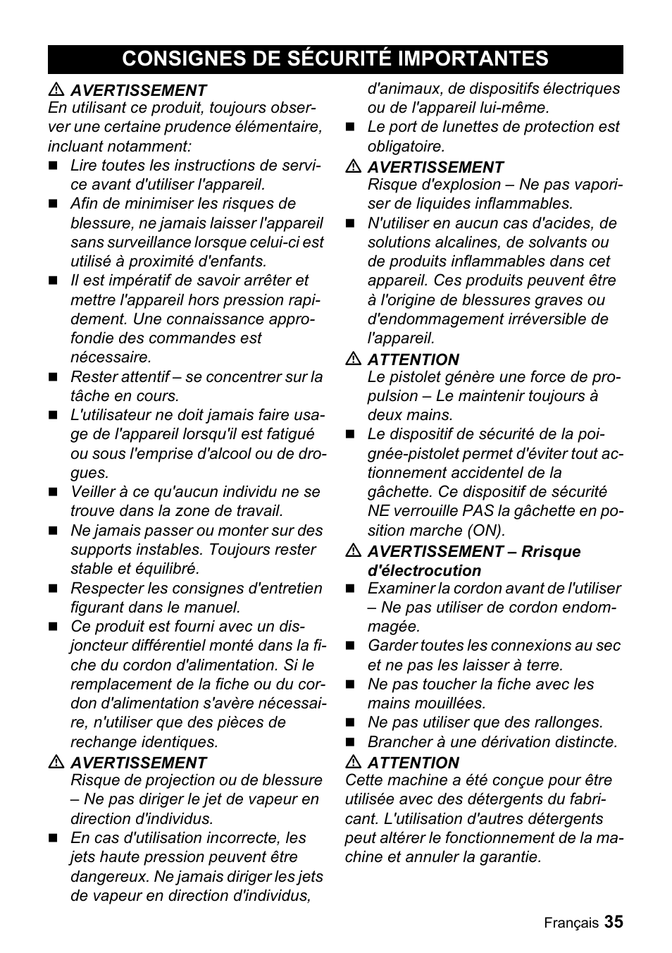 Consignes de sécurité importantes | Karcher K 2.28 User Manual | Page 35 / 48