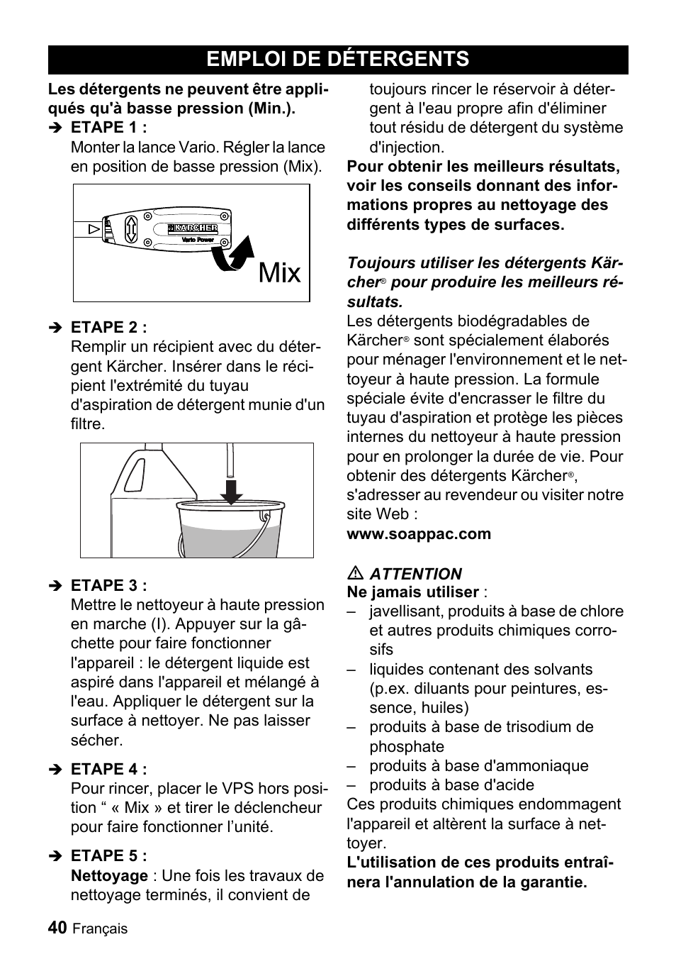 Emploi de détergents | Karcher K 2.28 User Manual | Page 40 / 48