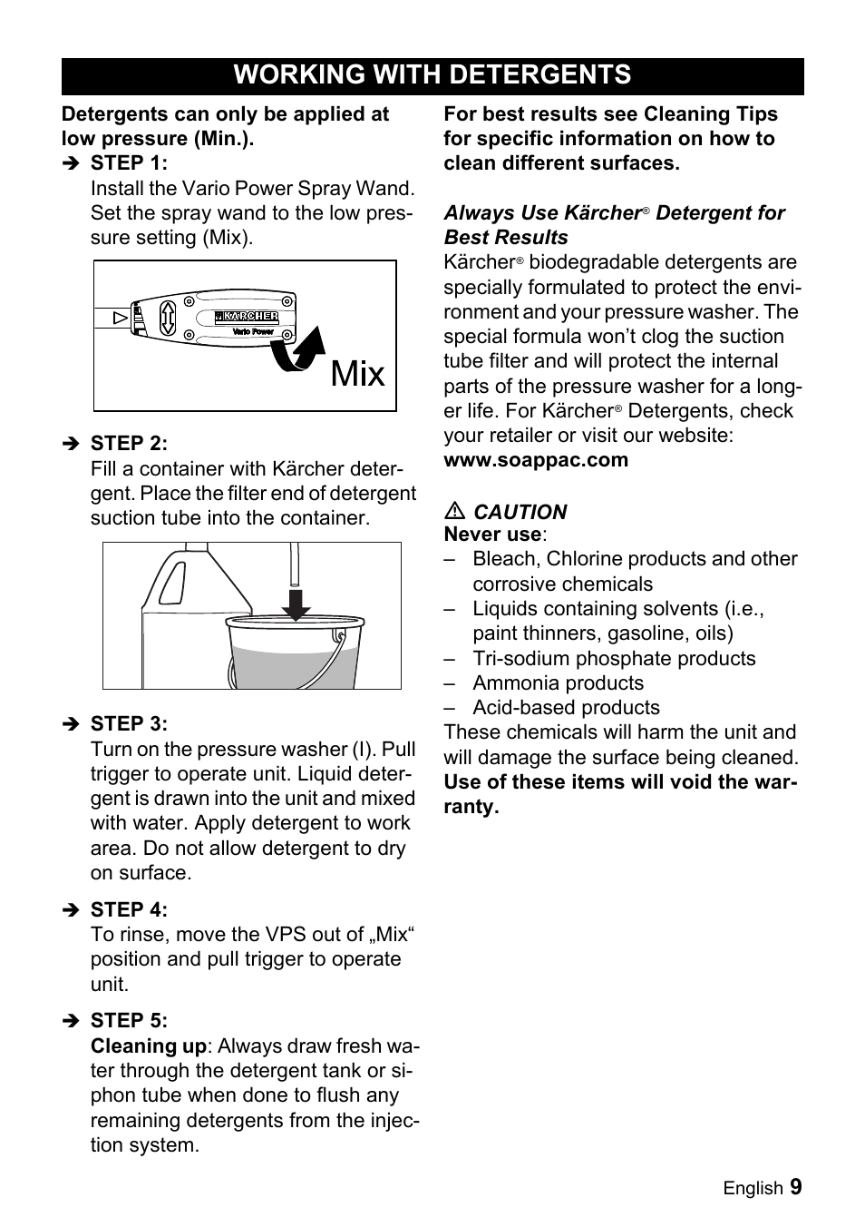 Working with detergents | Karcher K 2.28 User Manual | Page 9 / 48