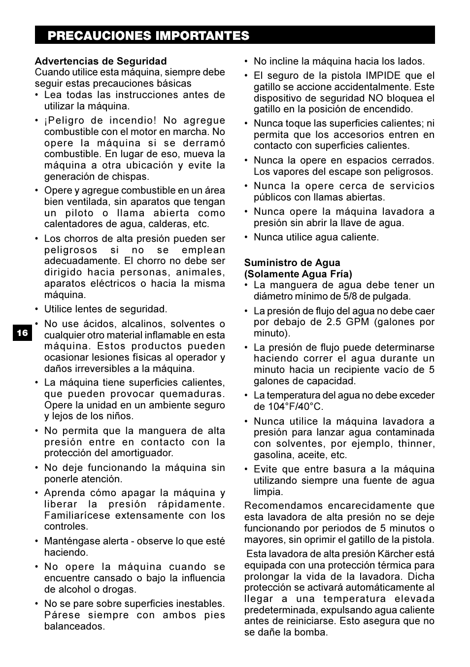 Precauciones importantes – read first | Karcher G 2500 PH User Manual | Page 16 / 40