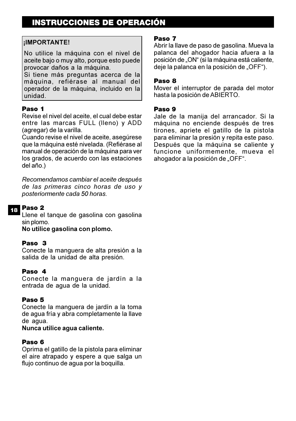 Instrucciones de operación | Karcher G 2500 PH User Manual | Page 18 / 40