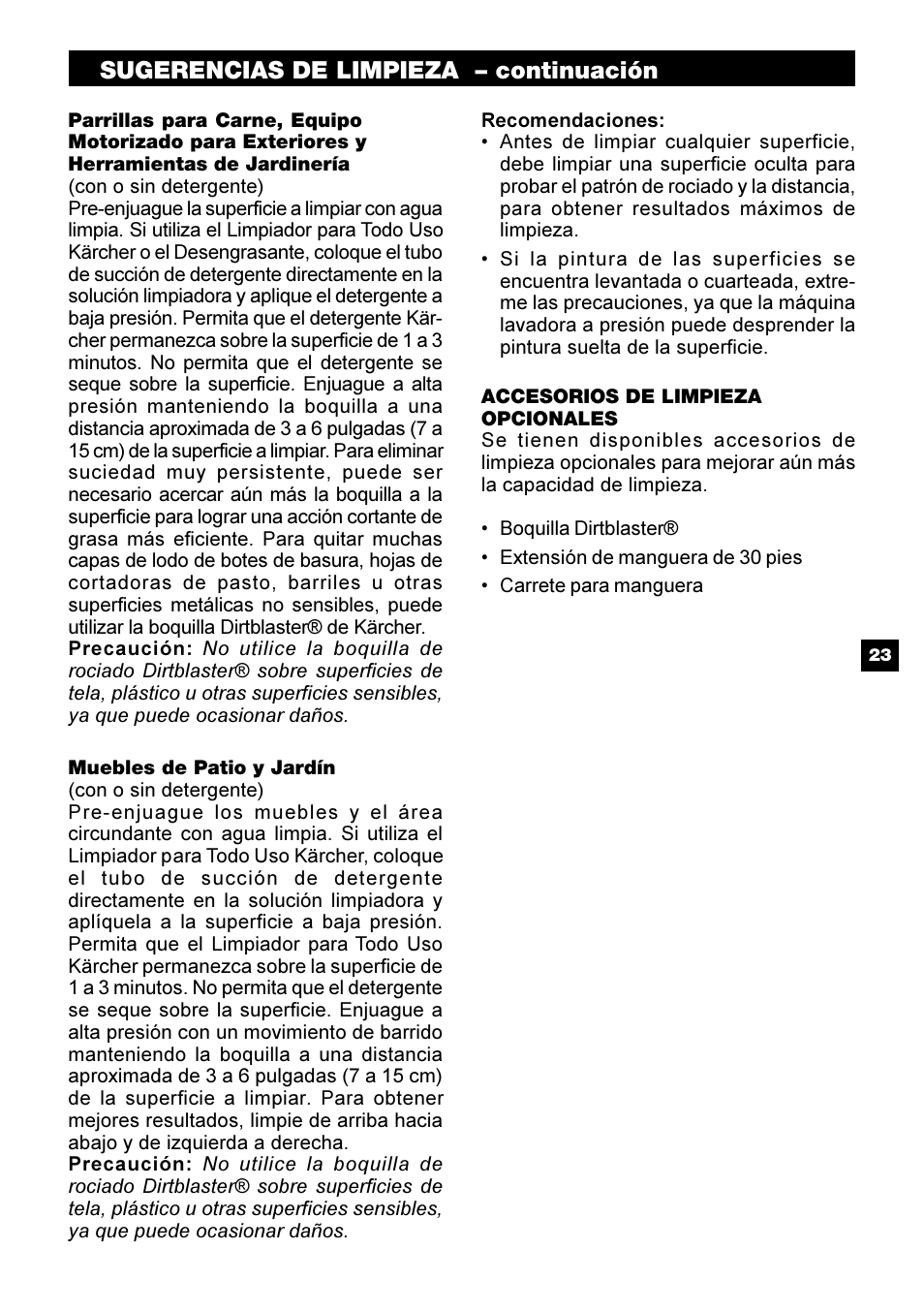 Sugerencias de limpieza – continuación | Karcher G 2500 PH User Manual | Page 23 / 40