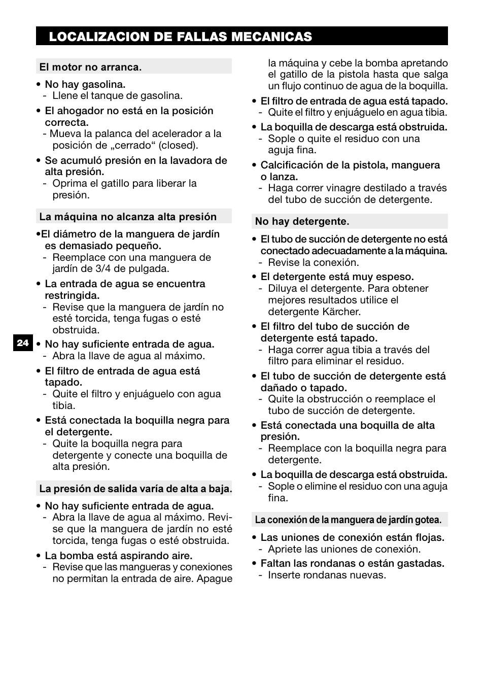 Localizacion de fallas mecanicas | Karcher G 2500 PH User Manual | Page 24 / 40