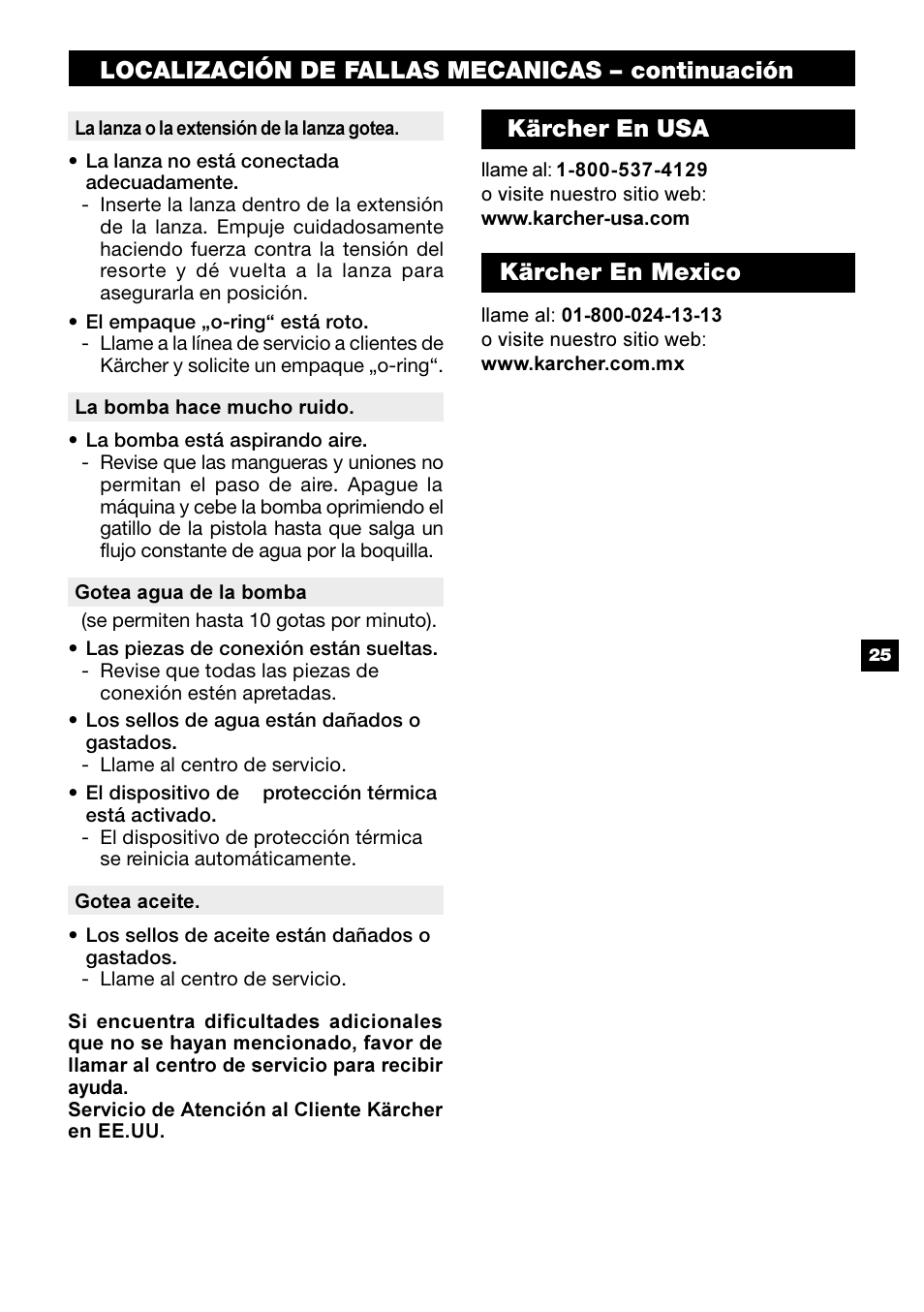 Localización de fallas mecanicas – continuación, Kärcher en usa, Kärcher en mexico | Karcher G 2500 PH User Manual | Page 25 / 40