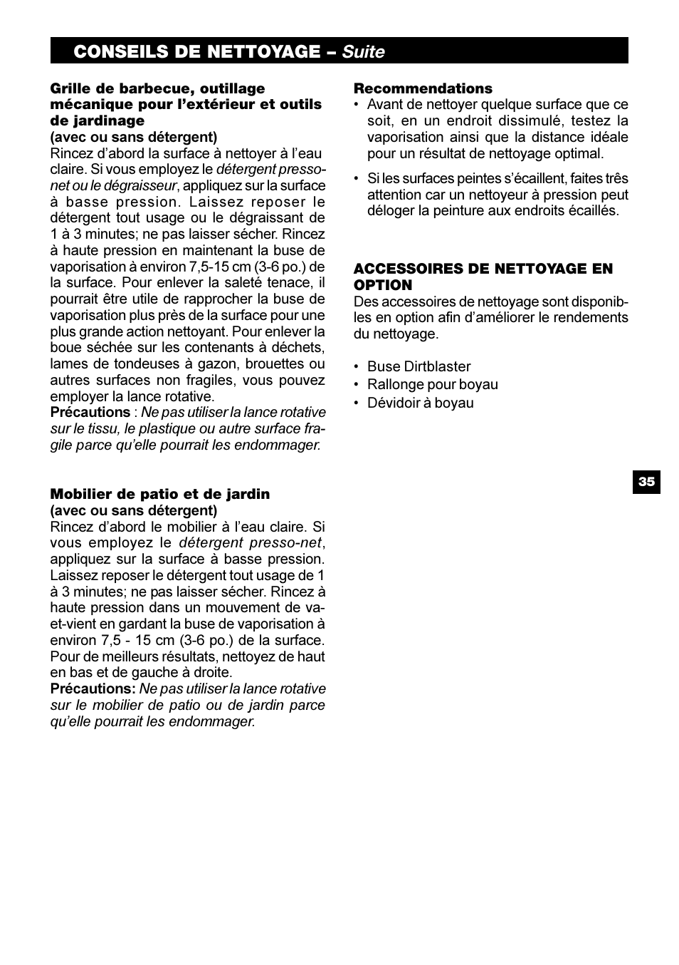 Suite, Conseils de nettoyage | Karcher G 2500 PH User Manual | Page 35 / 40