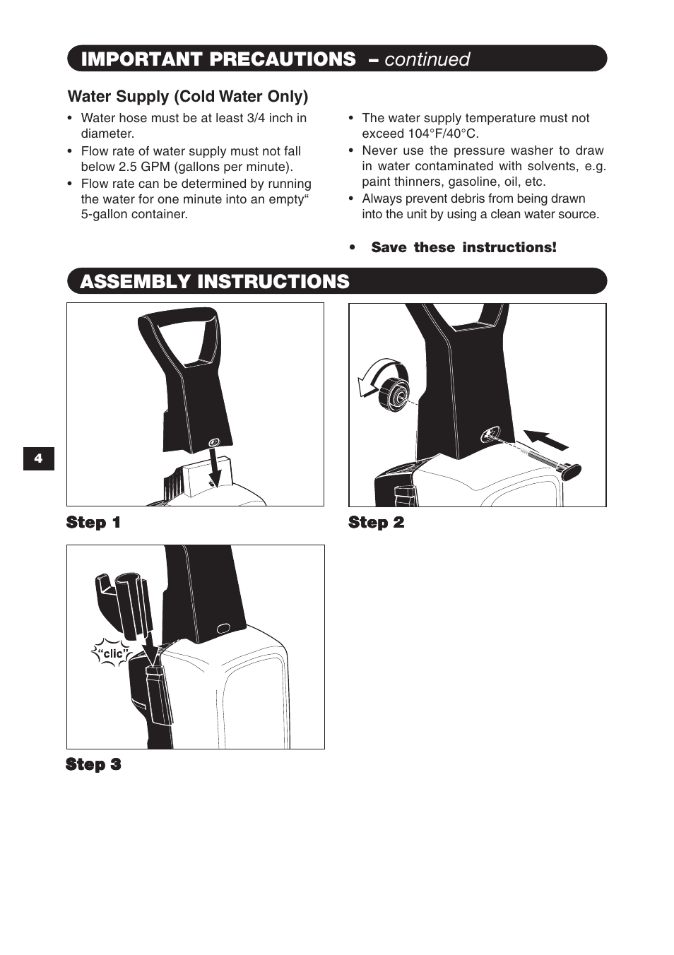 Important precautions – continued precautions, Assembly instructions | Karcher K 3.97 M User Manual | Page 4 / 12