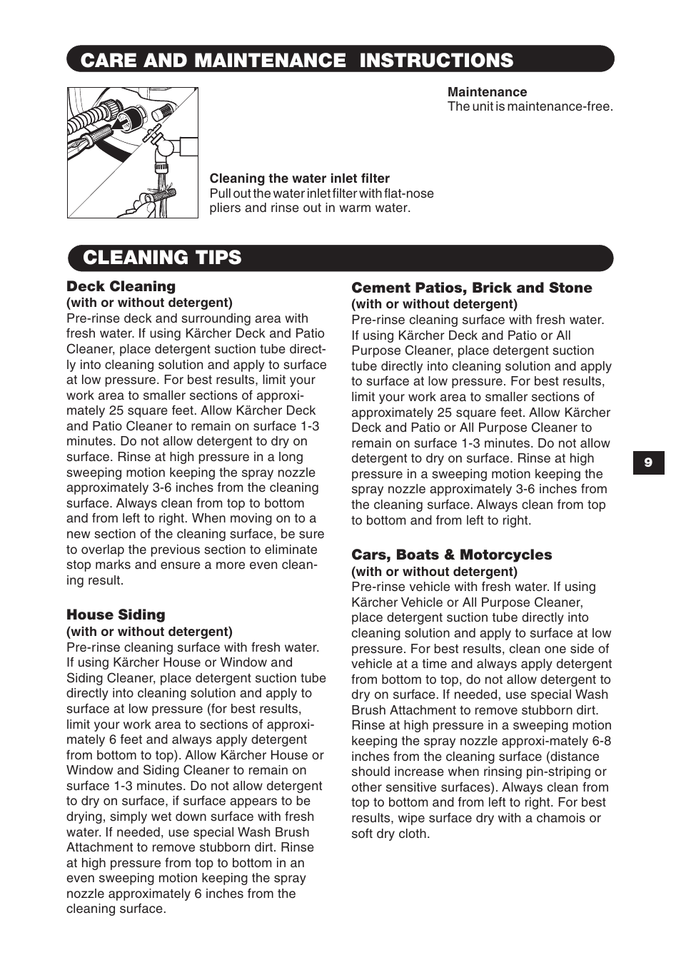 Cleaning tips, Care and maintenance instructions | Karcher K 3.97 M User Manual | Page 9 / 12