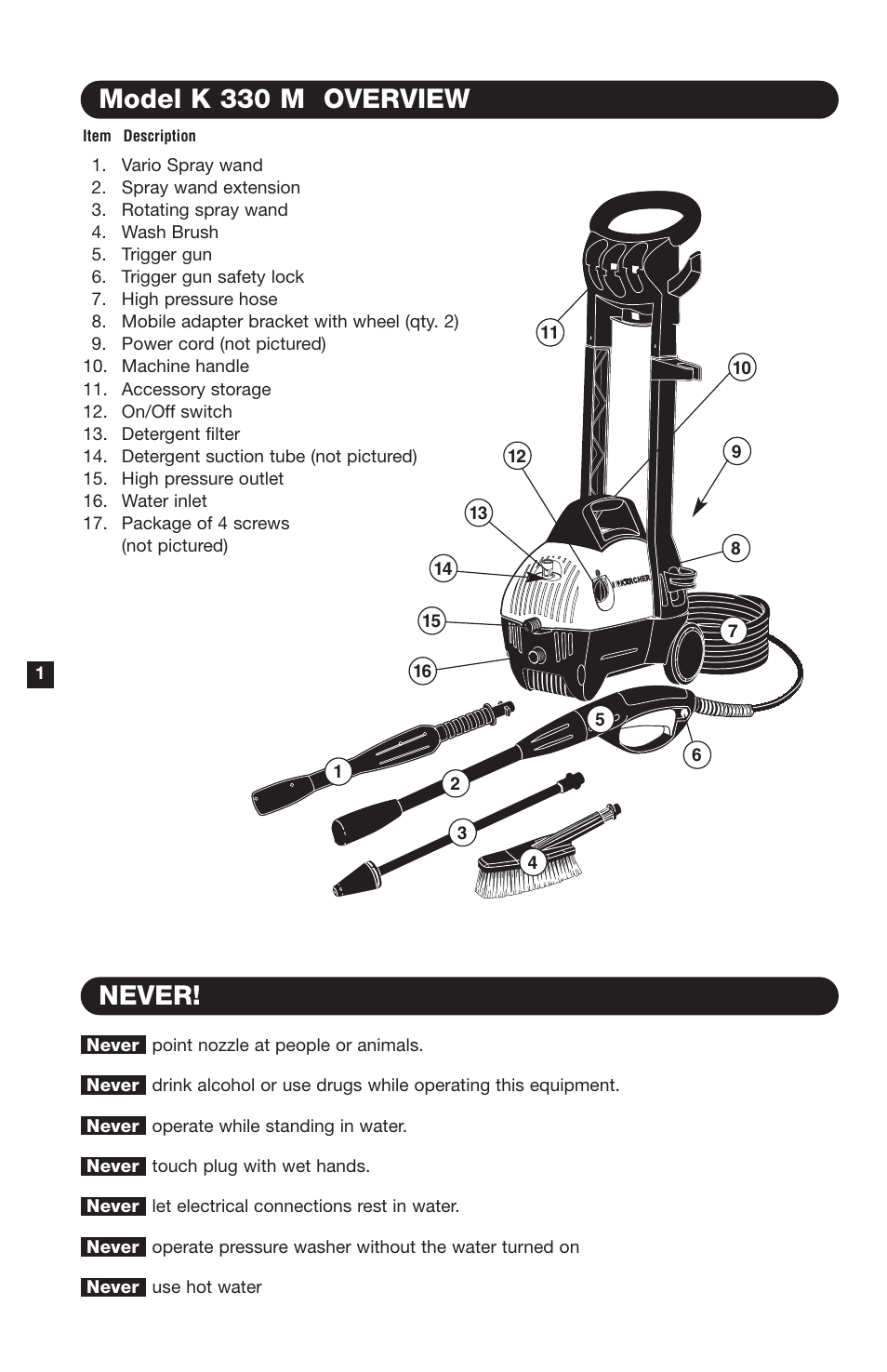 Never! model k 330 m overview | Karcher K330M User Manual | Page 2 / 12