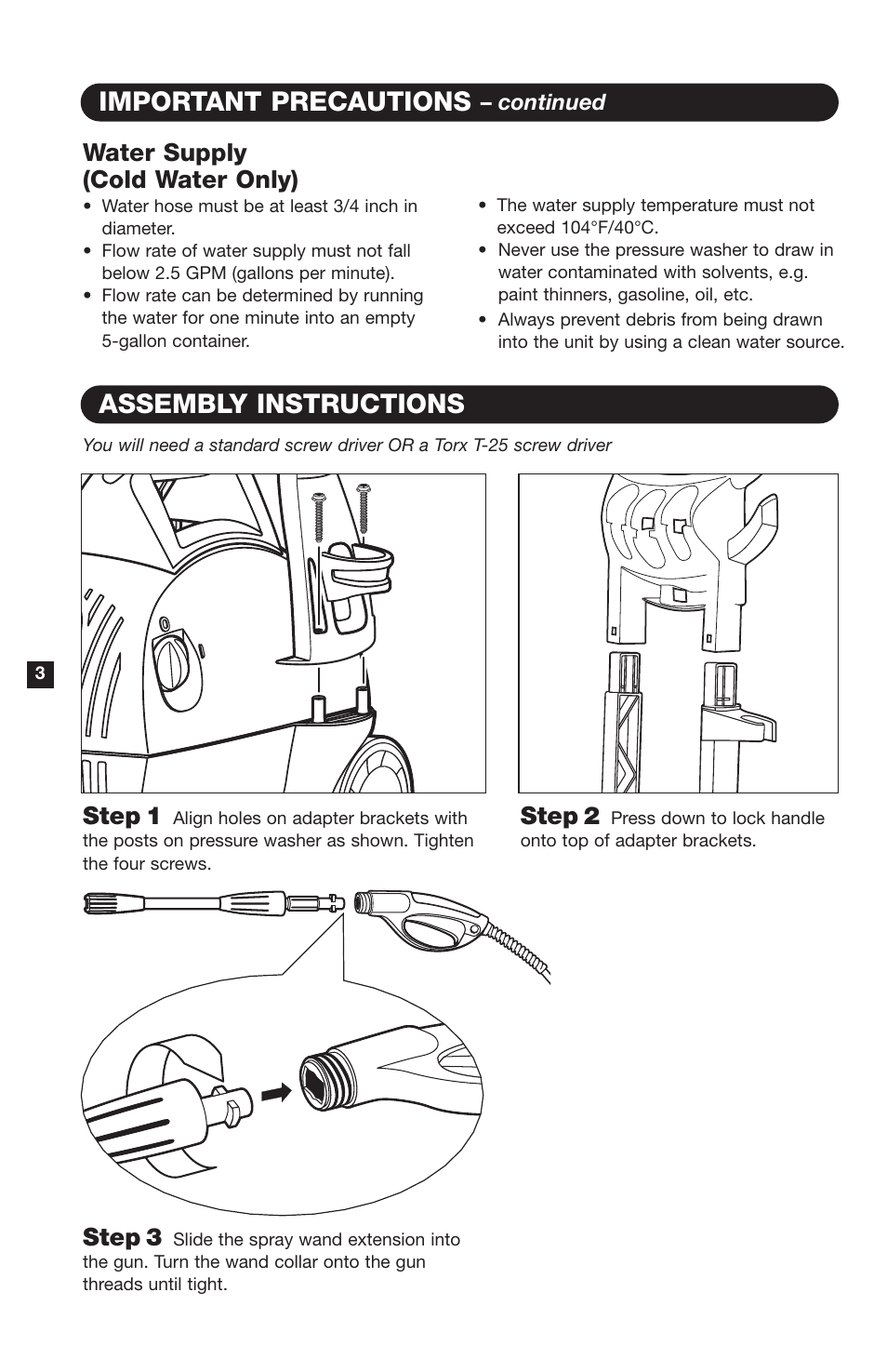 Assembly instructions, Important precautions, Step 3 | Step 1, Step 2, Water supply (cold water only) | Karcher K330M User Manual | Page 4 / 12