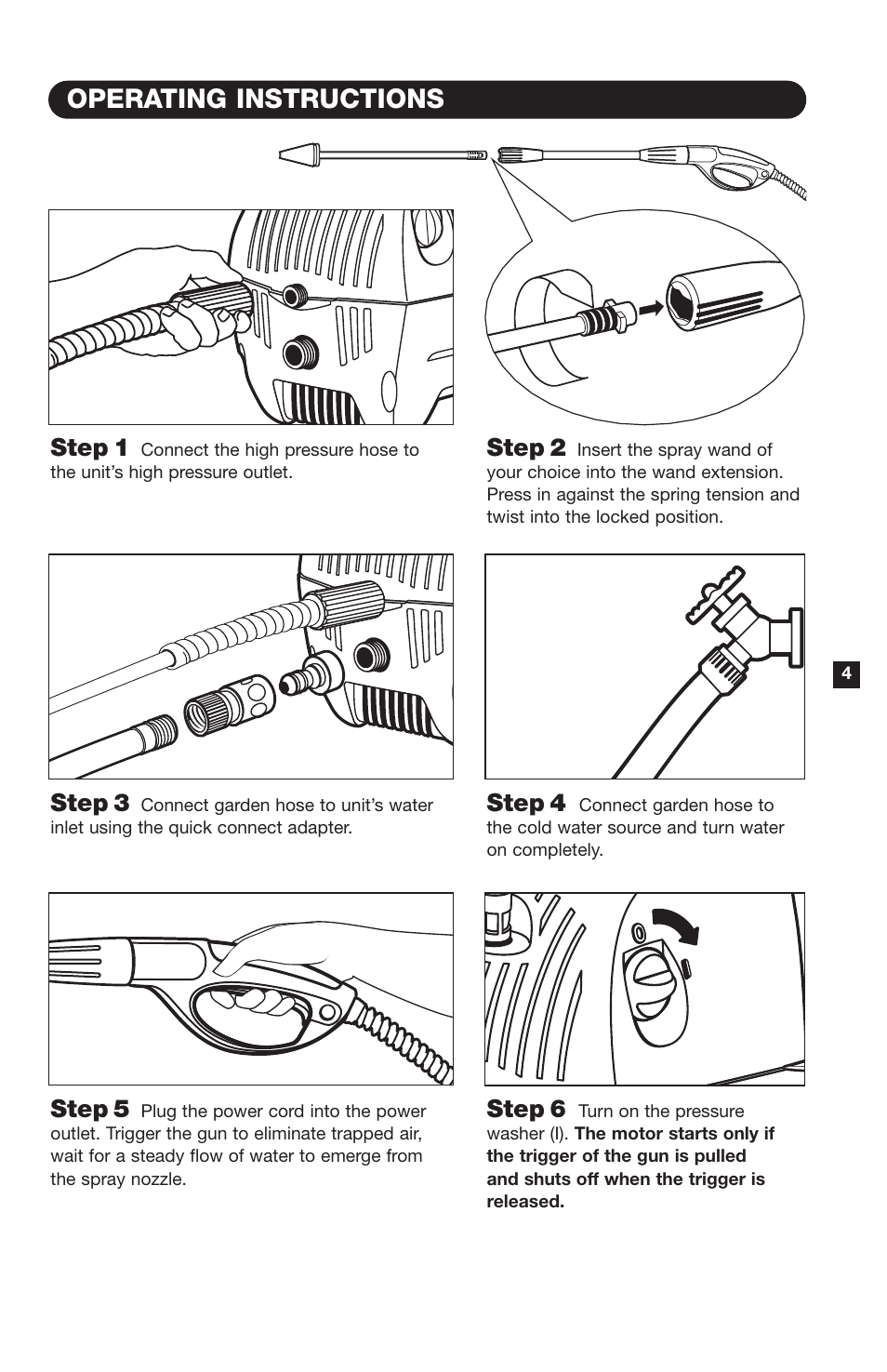 Operating instructions, Step 1, Step 2 | Step 3, Step 4, Step 5, Step 6 | Karcher K330M User Manual | Page 5 / 12