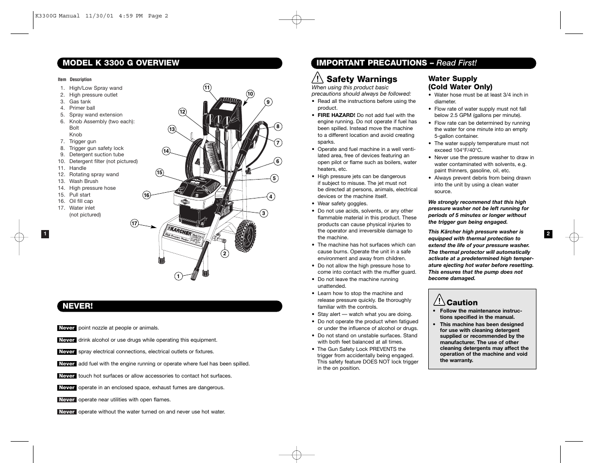 Safety warnings, Caution | Karcher K 3300 G User Manual | Page 2 / 7