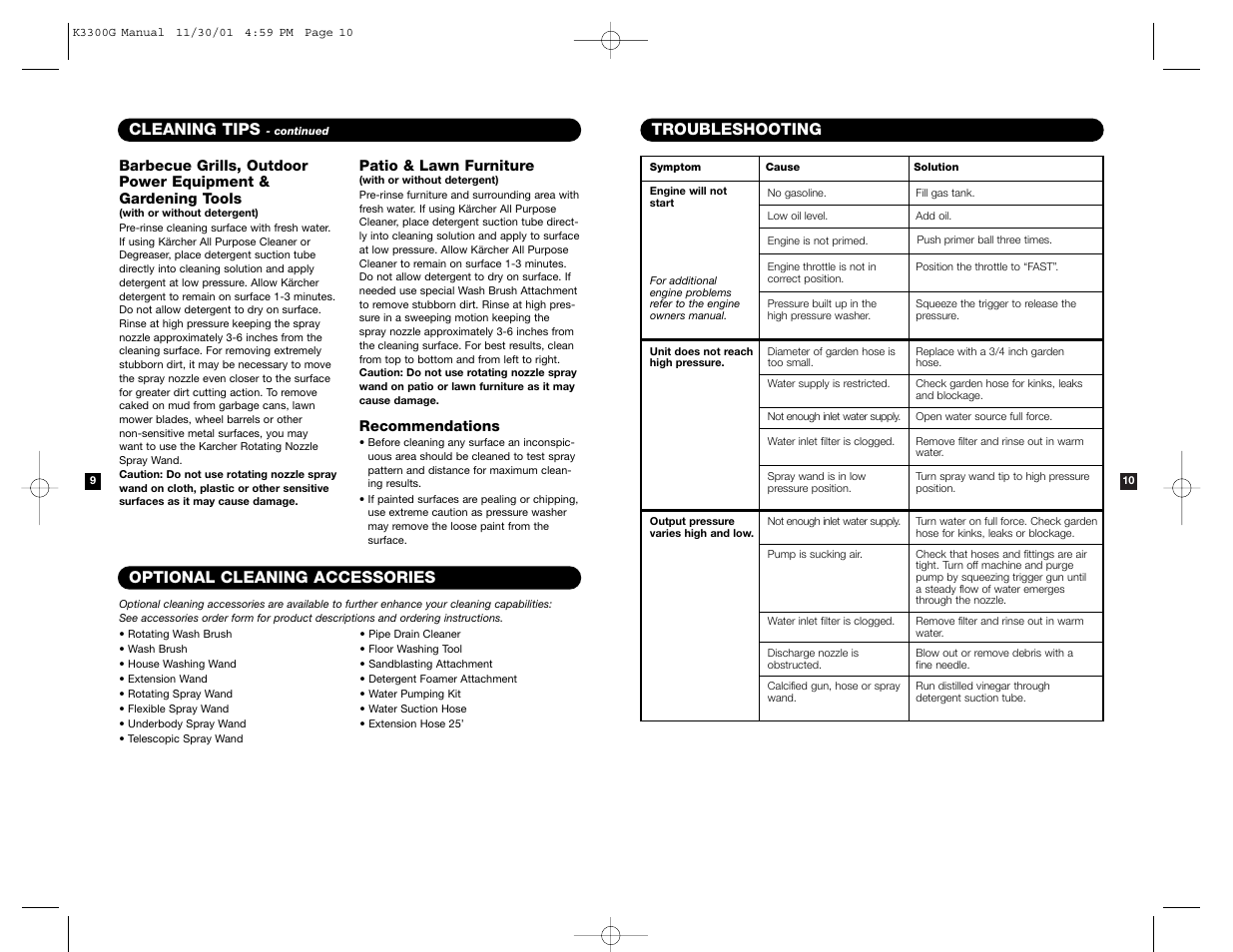 Cleaning tips, Optional cleaning accessories, Troubleshooting | Karcher K 3300 G User Manual | Page 6 / 7