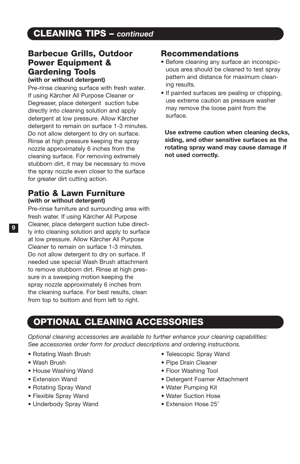Cleaning tips, Optional cleaning accessories, Patio & lawn furniture | Recommendations, Continued | Karcher K120 M User Manual | Page 10 / 12