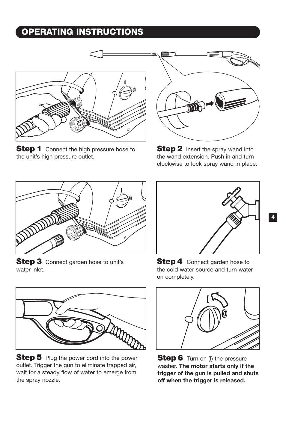 Operating instructions, Step 1, Step 2 | Step 3, Step 4, Step 5, Step 6 | Karcher K120 M User Manual | Page 5 / 12