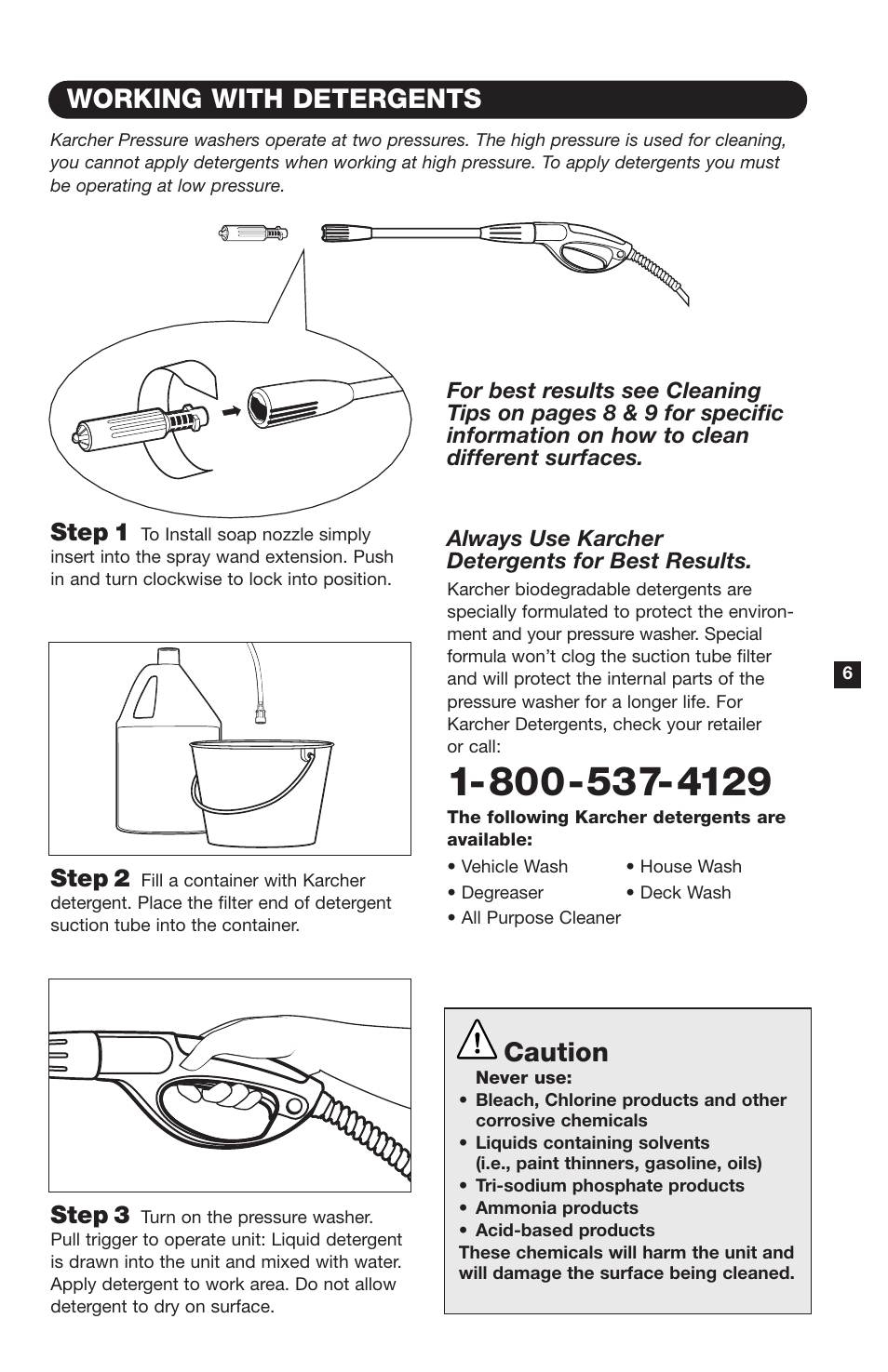 Working with detergents, Caution, Step 1 | Step 2, Step 3 | Karcher K120 M User Manual | Page 7 / 12