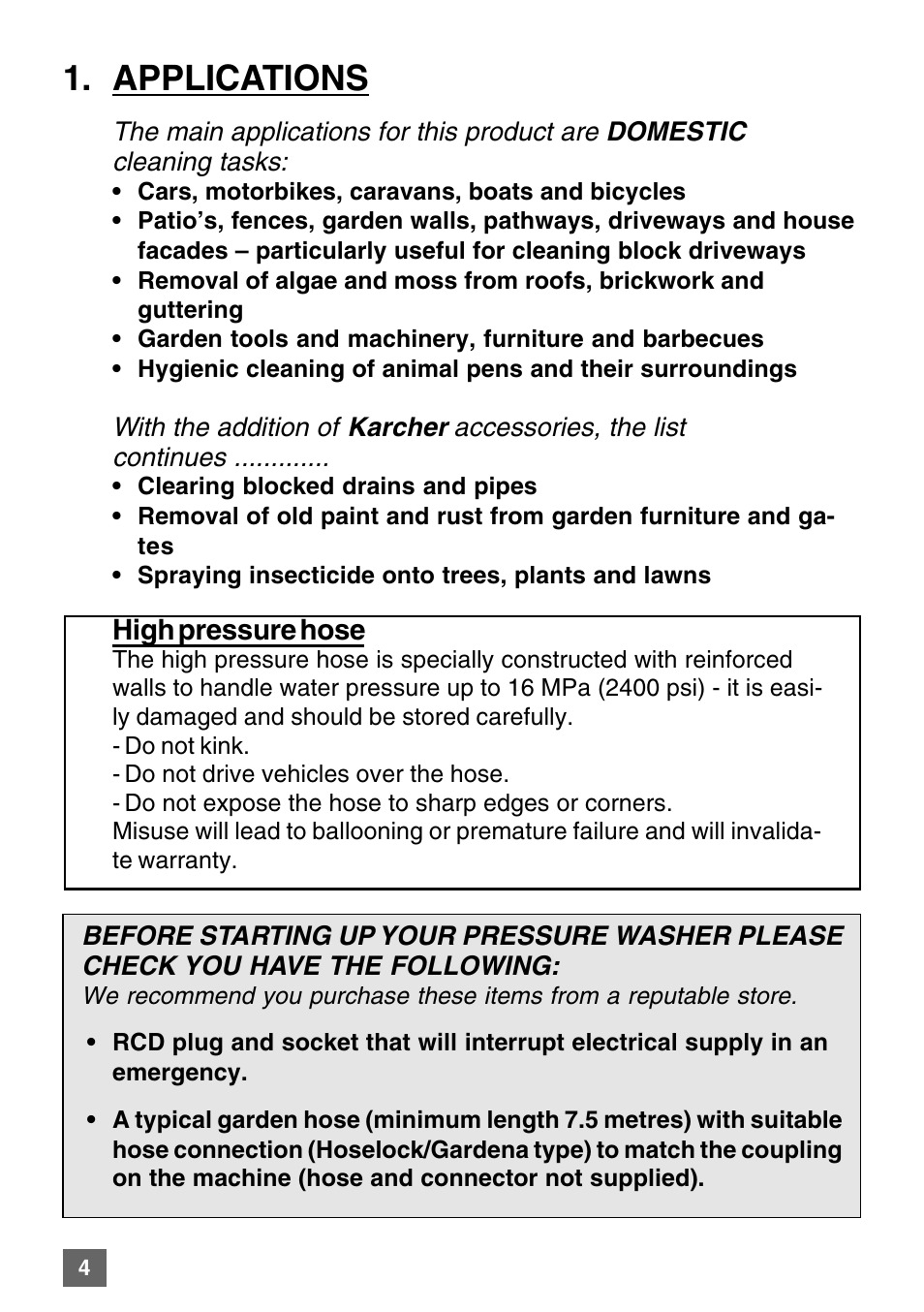 Applications, High pressure hose | Karcher K 7.85 M User Manual | Page 4 / 24