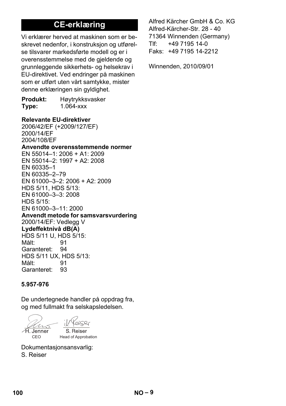 Ce-erklæring | Karcher HDS 5/11 U/UX User Manual | Page 100 / 296