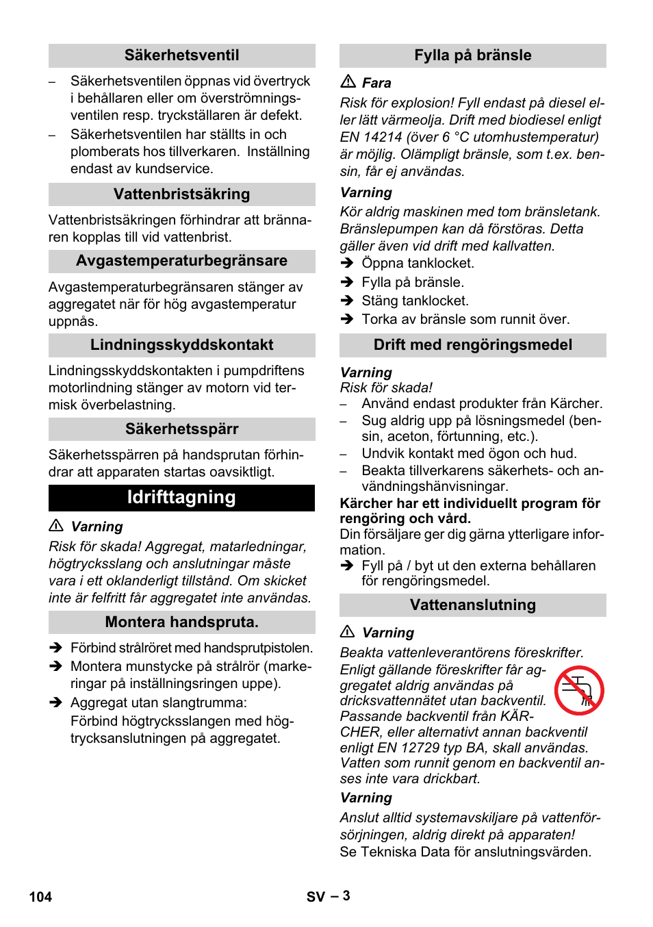 Idrifttagning | Karcher HDS 5/11 U/UX User Manual | Page 104 / 296