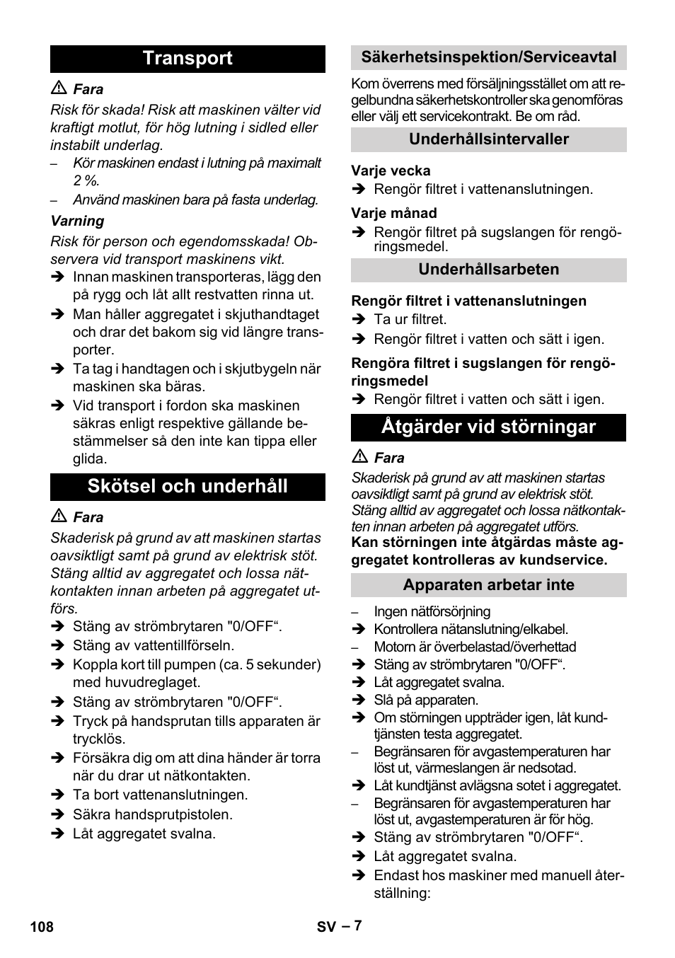 Transport skötsel och underhåll, Åtgärder vid störningar | Karcher HDS 5/11 U/UX User Manual | Page 108 / 296