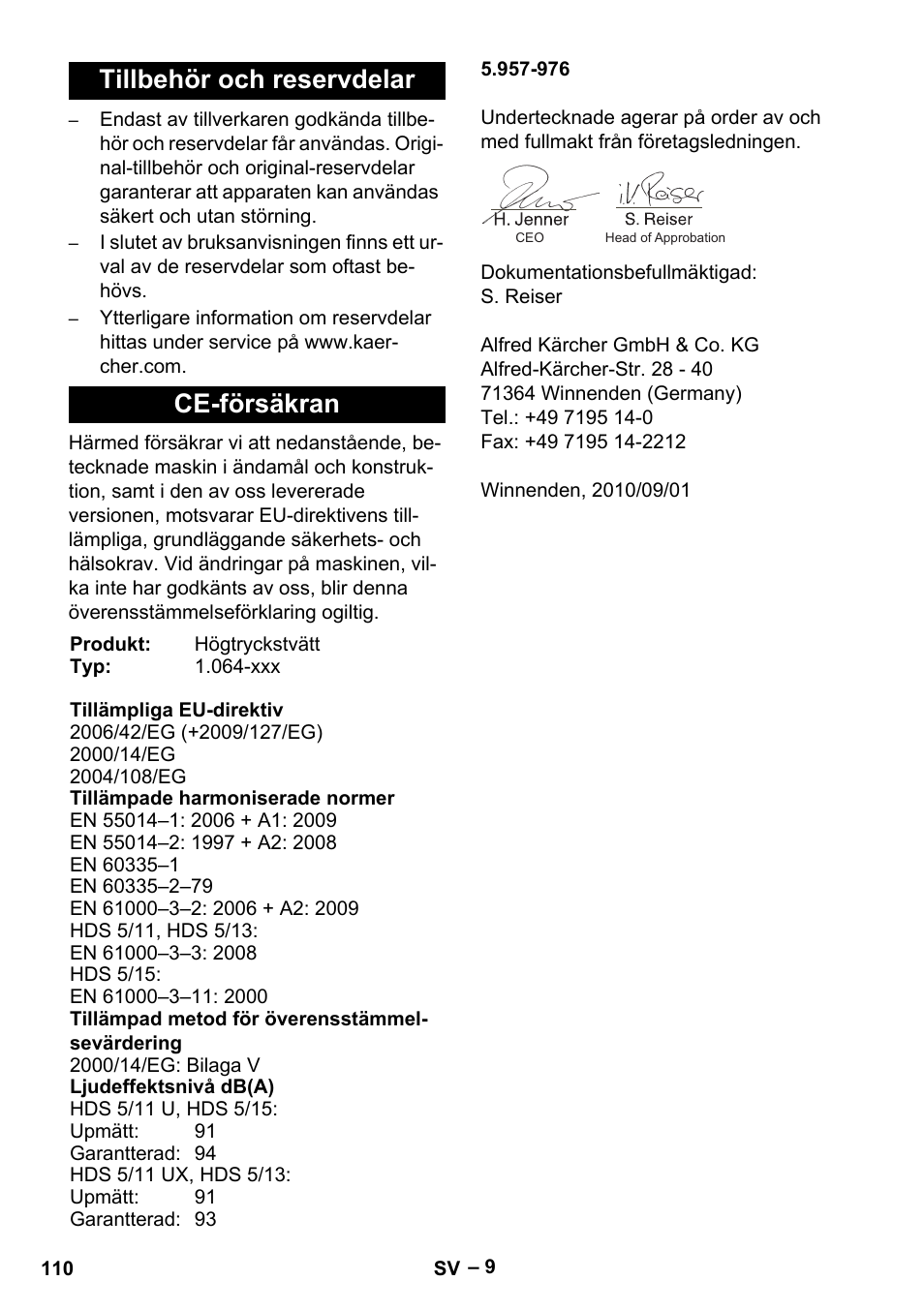 Tillbehör och reservdelar ce-försäkran | Karcher HDS 5/11 U/UX User Manual | Page 110 / 296