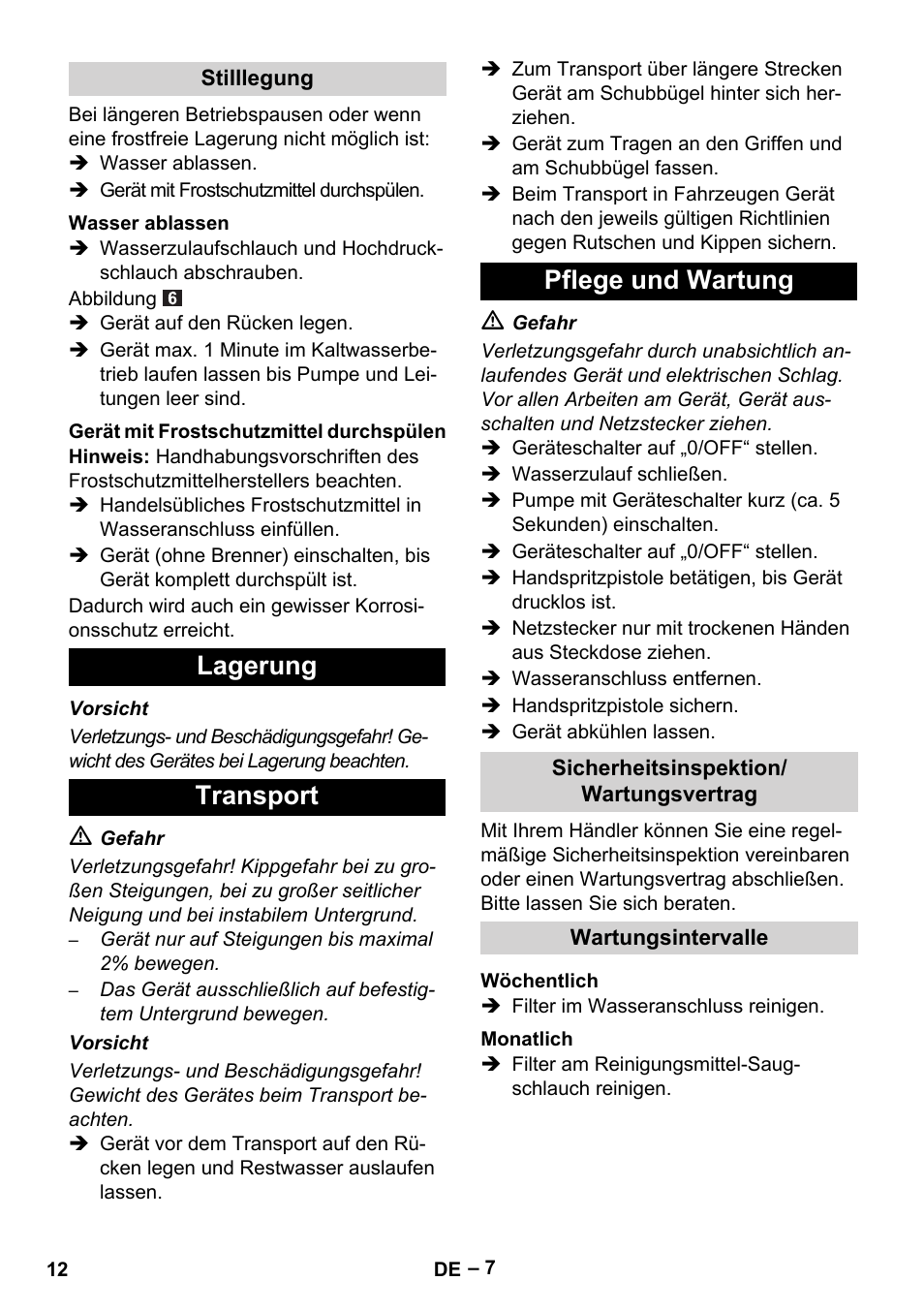 Lagerung transport pflege und wartung | Karcher HDS 5/11 U/UX User Manual | Page 12 / 296