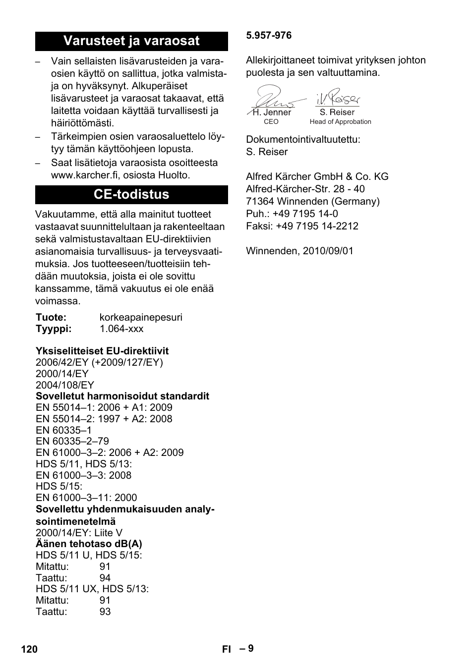 Varusteet ja varaosat ce-todistus | Karcher HDS 5/11 U/UX User Manual | Page 120 / 296