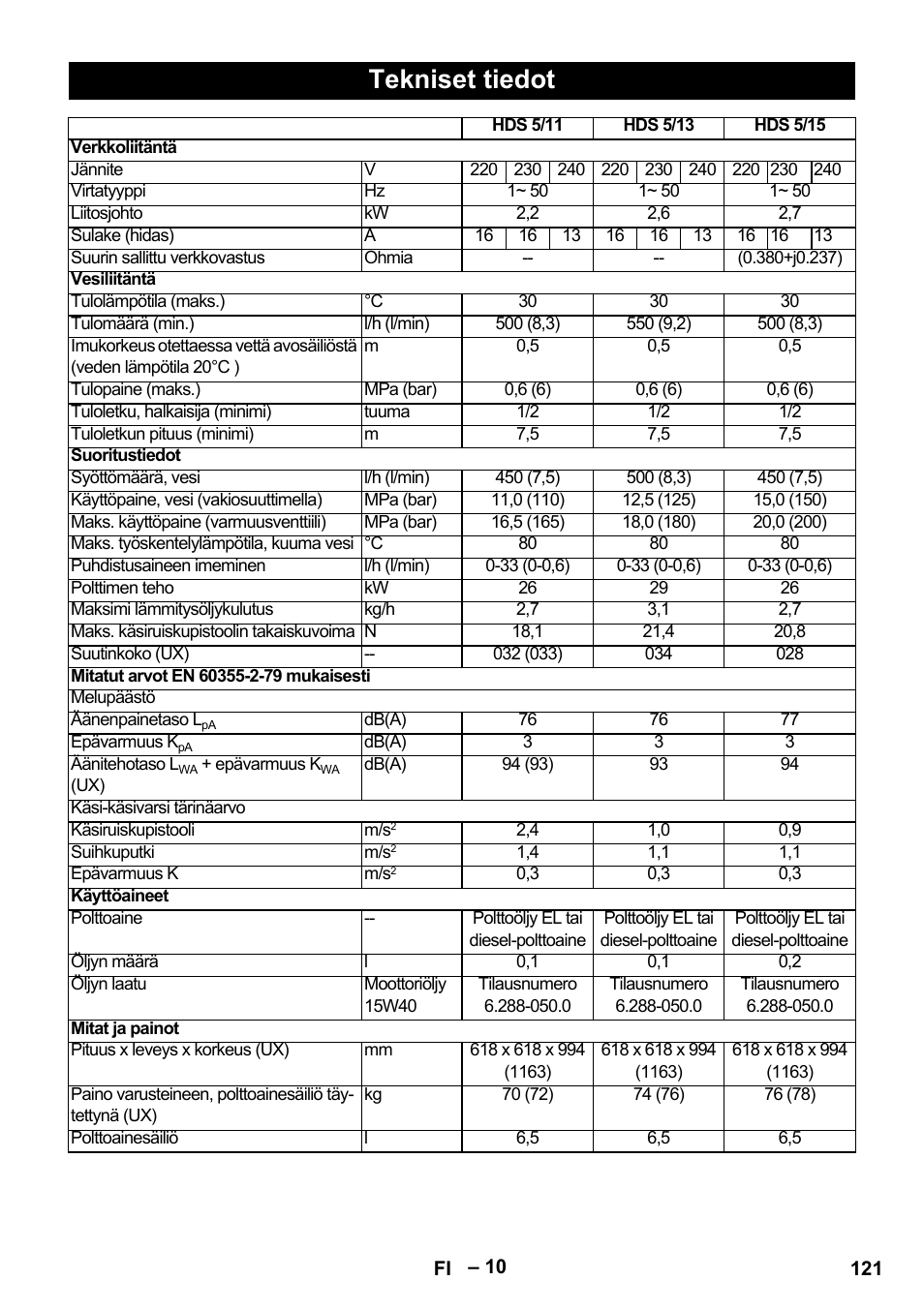 Tekniset tiedot | Karcher HDS 5/11 U/UX User Manual | Page 121 / 296