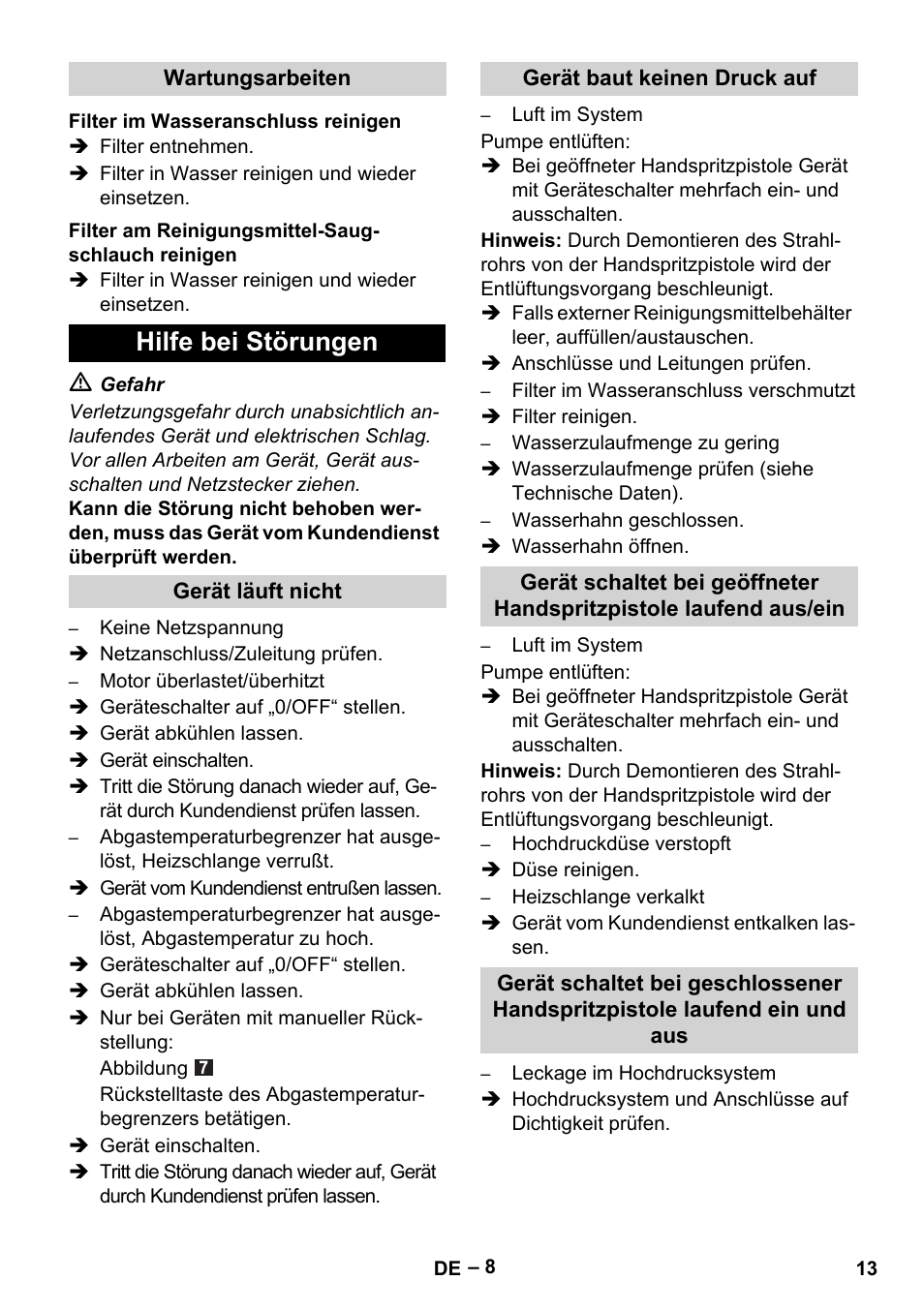 Hilfe bei störungen | Karcher HDS 5/11 U/UX User Manual | Page 13 / 296