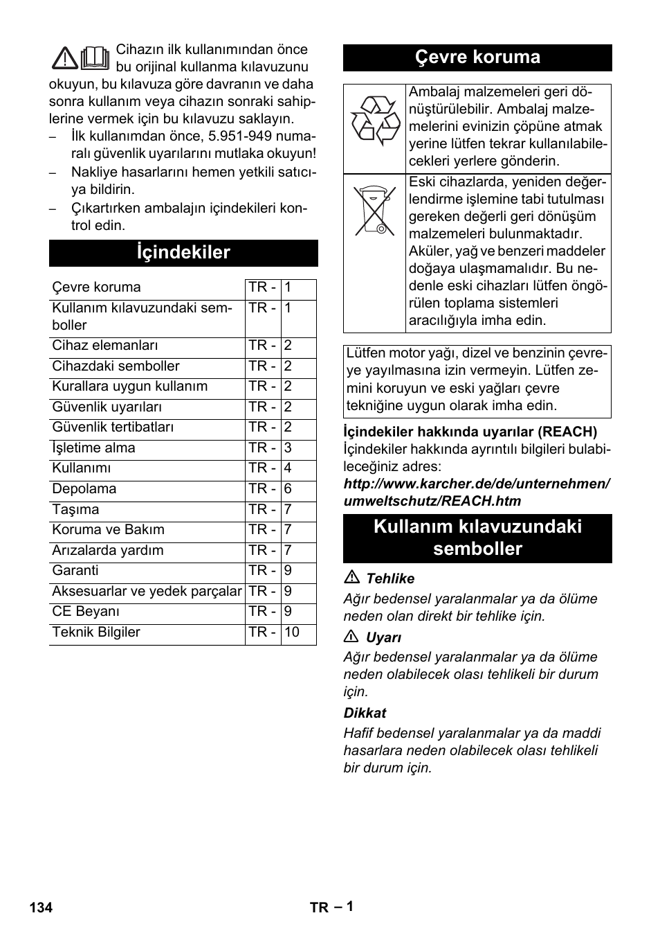 Türkçe, Içindekiler, Çevre koruma | Kullanım kılavuzundaki semboller | Karcher HDS 5/11 U/UX User Manual | Page 134 / 296